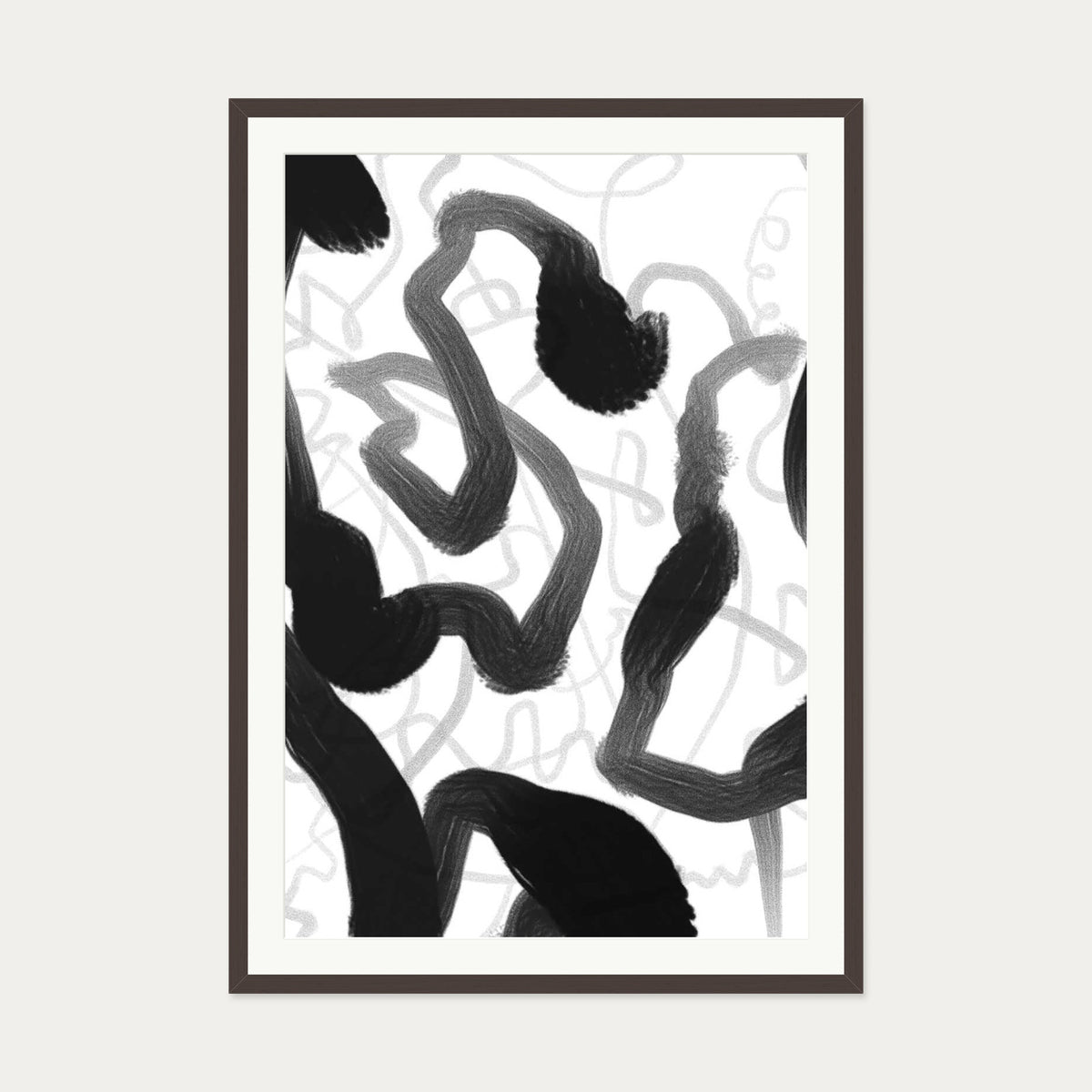 Black And White Brush Strokes Art Print — 70 x 100 cm — Brown Frame