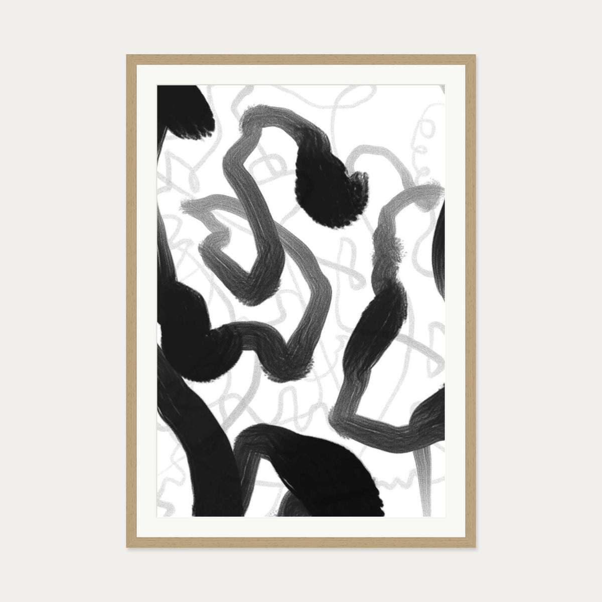 Black And White Brush Strokes Art Print — 70 x 100 cm — Oak Frame