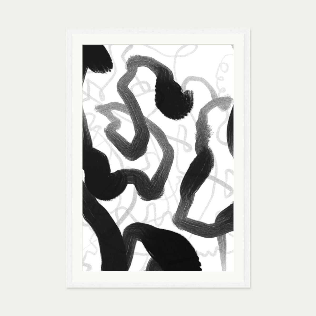Black And White Brush Strokes Art Print — 70 x 100 cm — White Frame