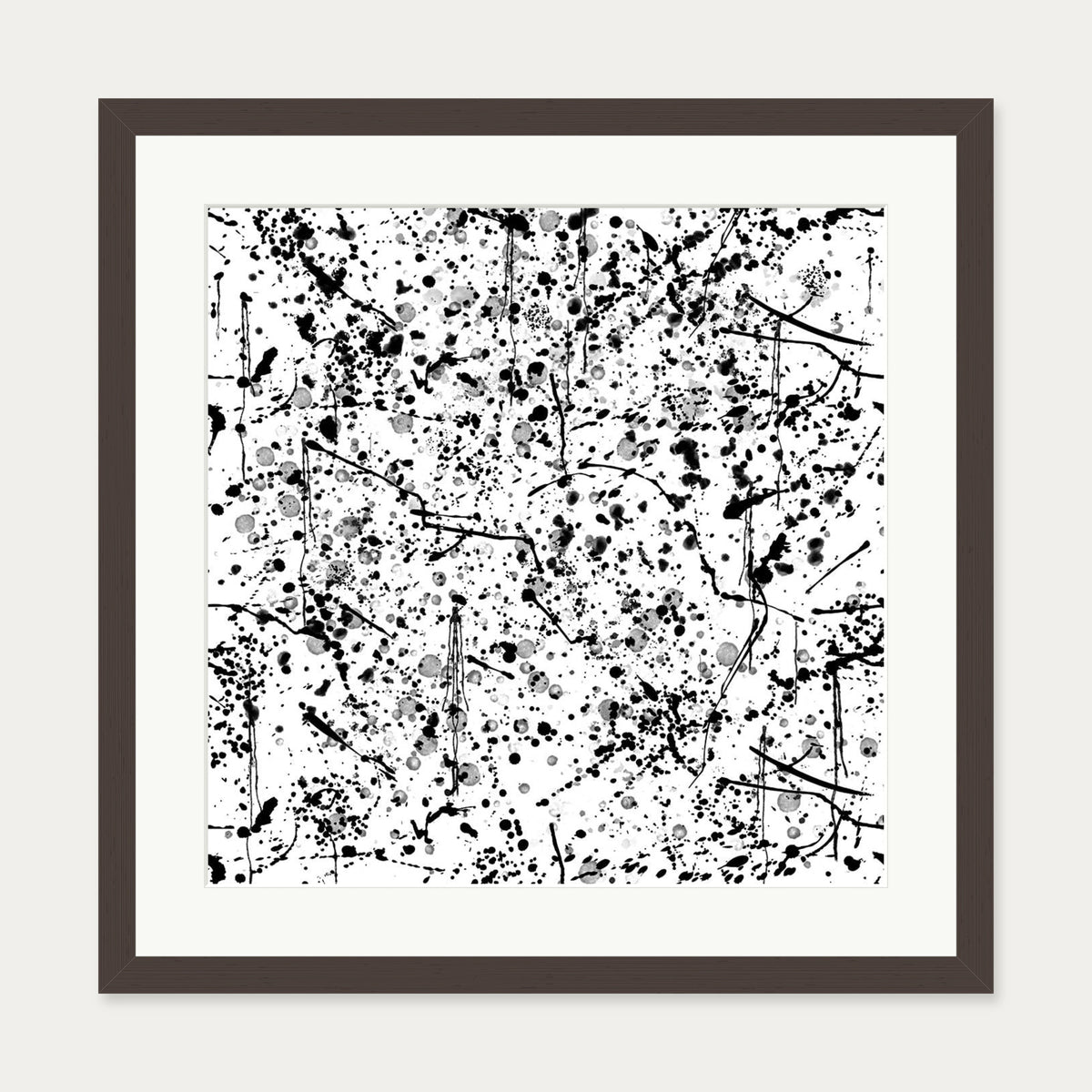 Black and White Paint Splatter Art Print — 50 x 50 cm — Brown Frame