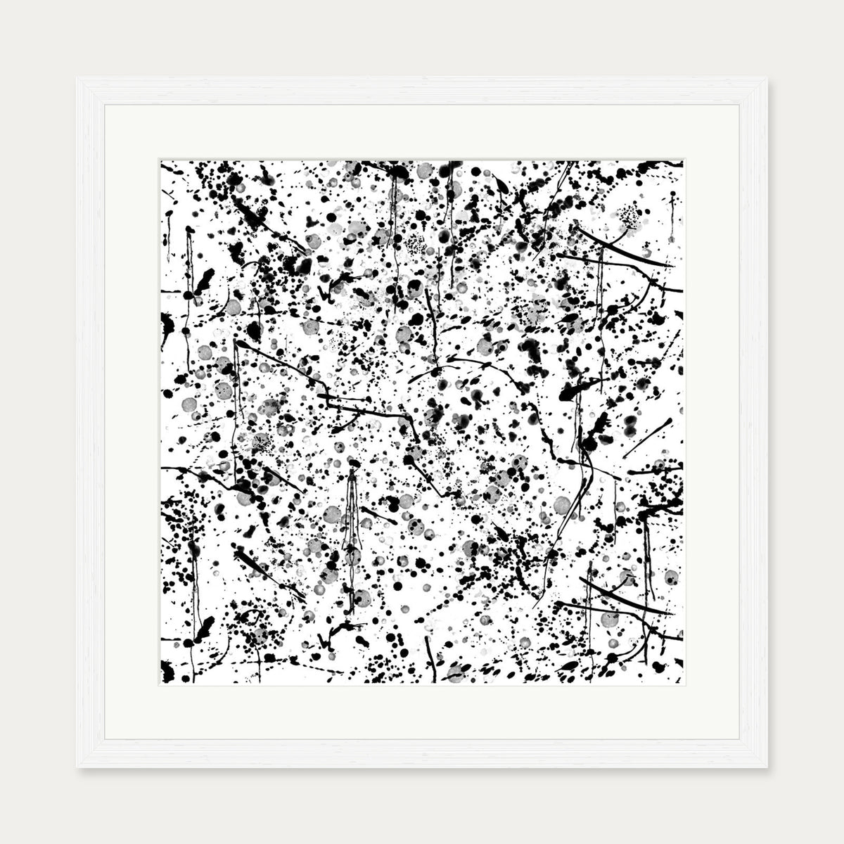 Black and White Paint Splatter Art Print — 50 x 50 cm — White Frame