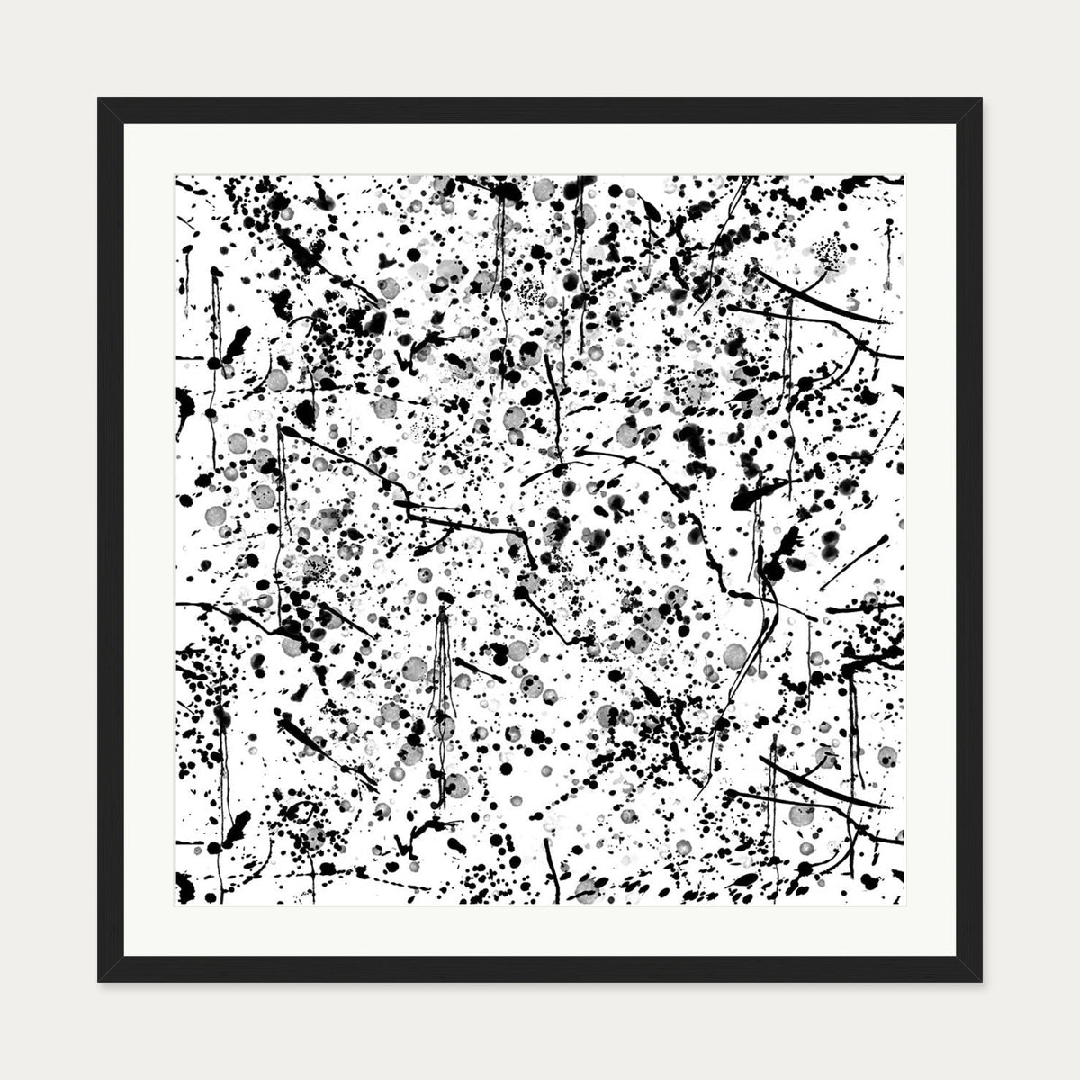 Black and White Paint Splatter Art Print — 70 x 70 cm — Black Frame
