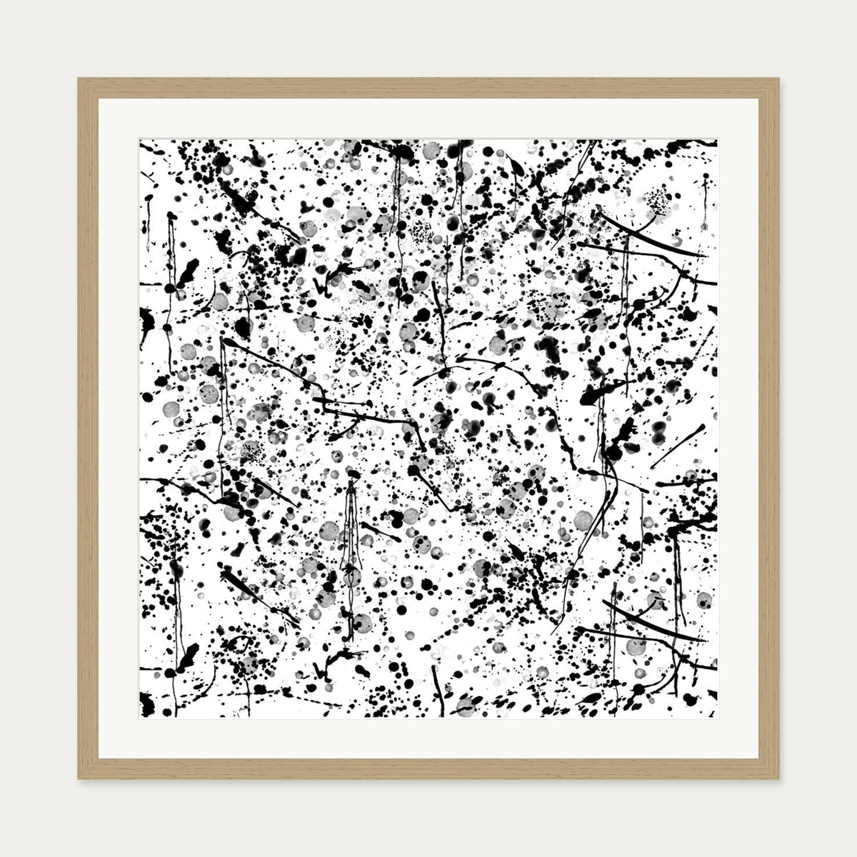 Black and White Paint Splatter Art Print — 70 x 70 cm — Oak Frame