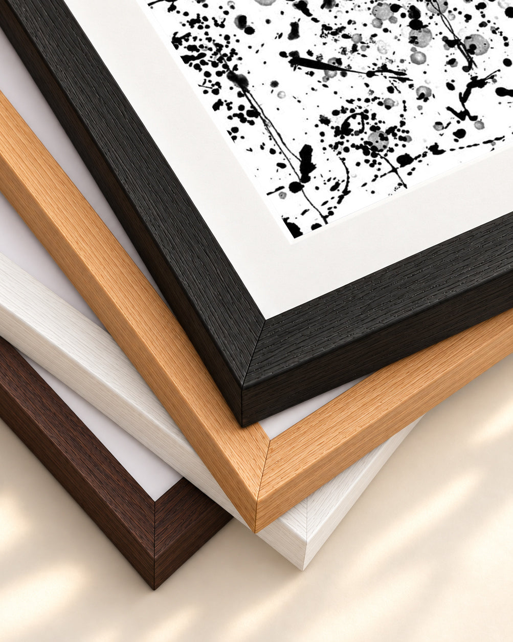 Black and White Paint Splatter Art Print — framed print corner with 5 cm mount and bevel