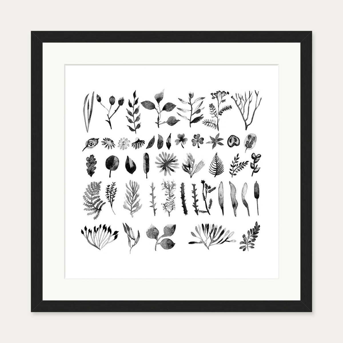 Black And White Watercolour Leaves Art Print — 50 x 50 cm — Black Frame