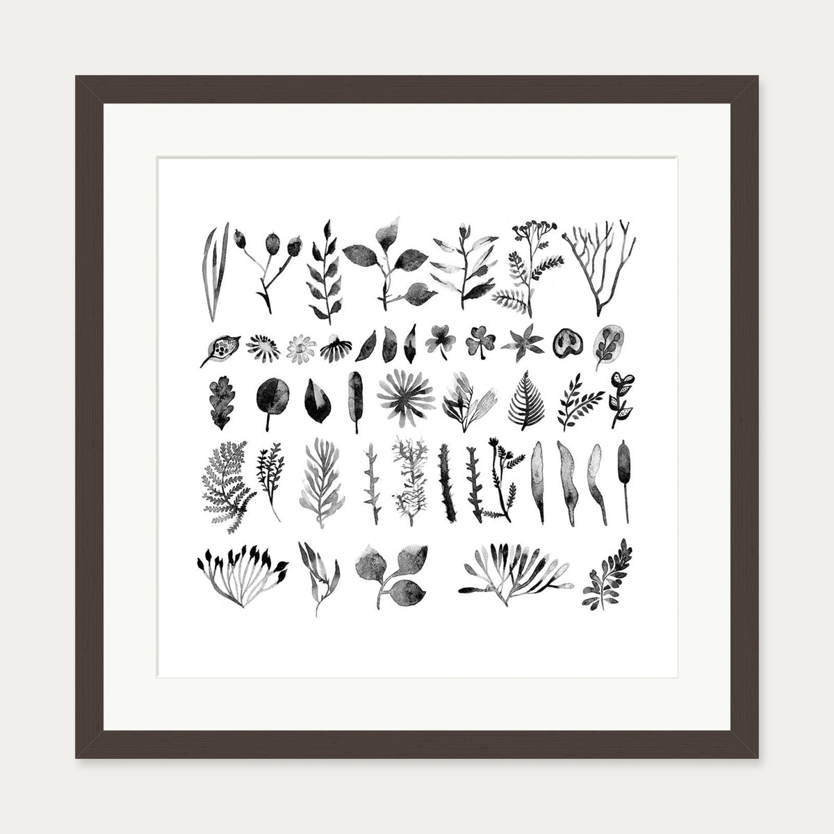 Black And White Watercolour Leaves Art Print — 50 x 50 cm — Brown Frame