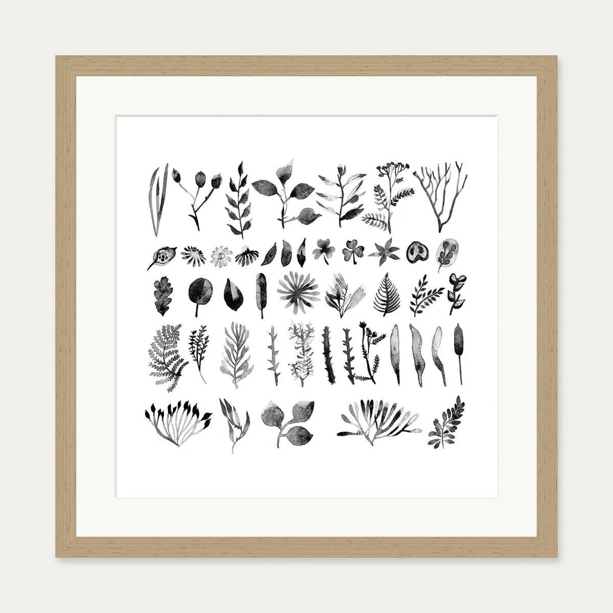 Black And White Watercolour Leaves Art Print — 50 x 50 cm — Oak Frame