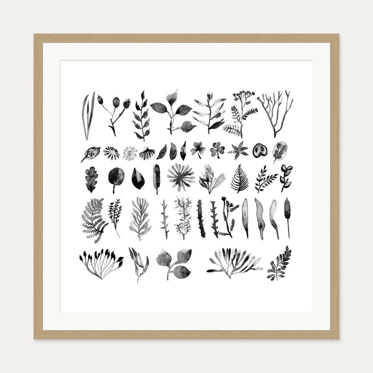 Black And White Watercolour Leaves Art Print — 70 x 70 cm — Oak Frame