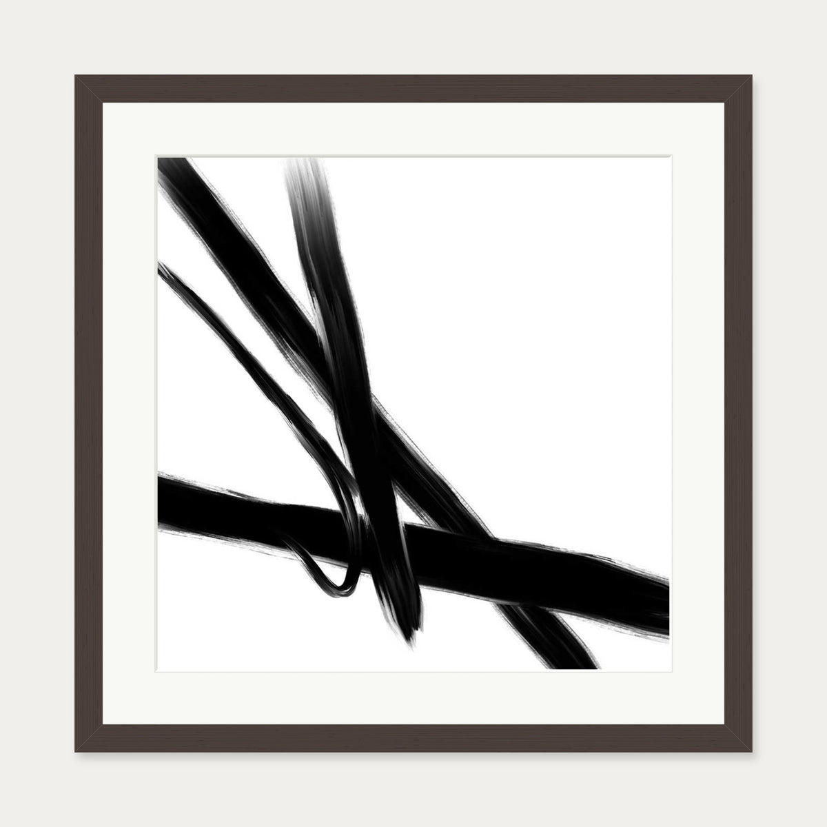 Black Brush Strokes Art Print — 50 x 50 cm — Brown Frame