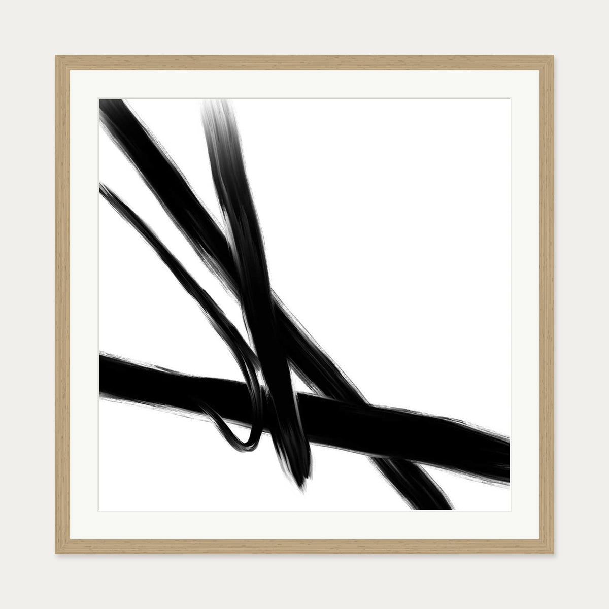Black Brush Strokes Art Print — 70 x 70 cm — Oak Frame