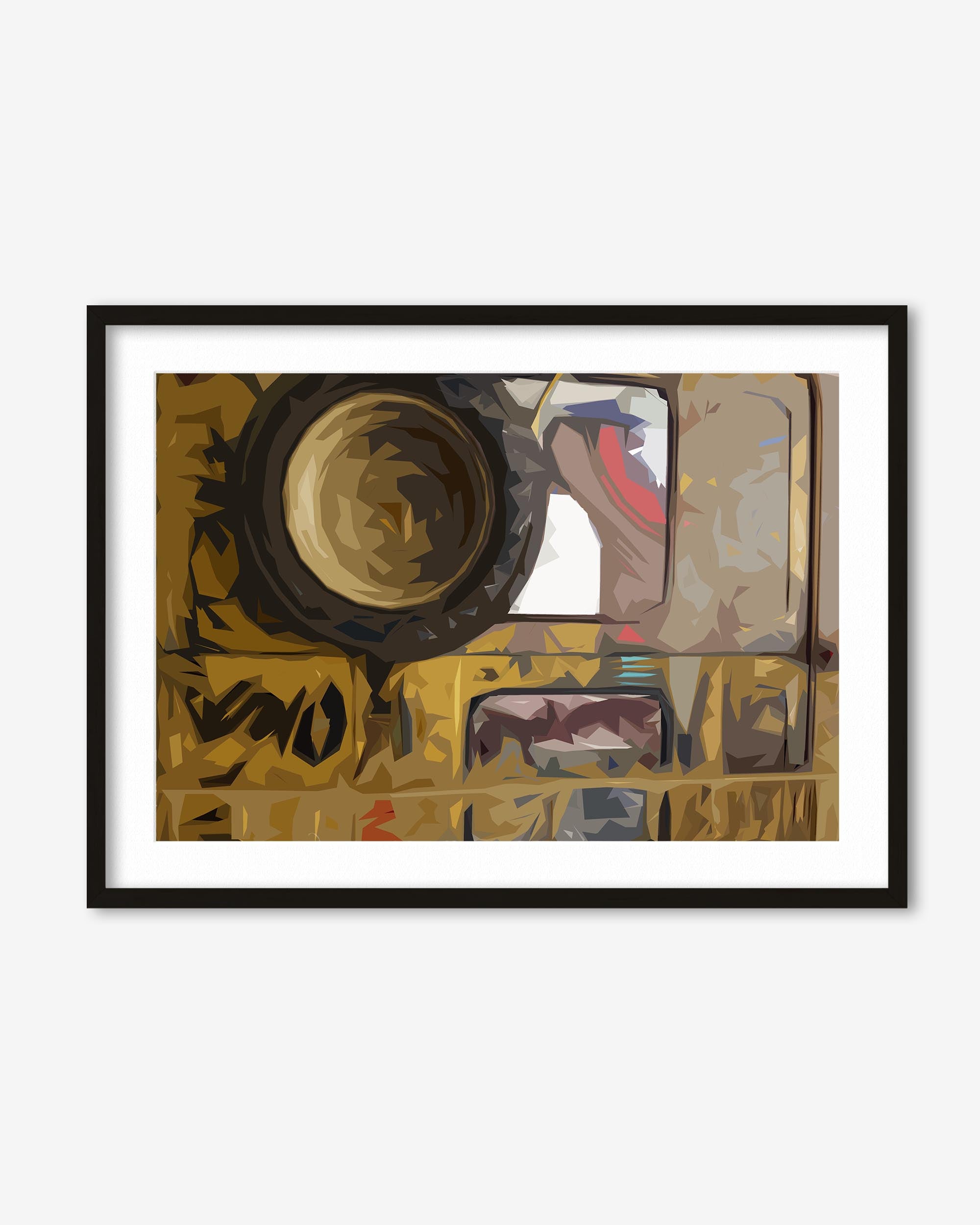Framed abstract artwork with a black border on a white wall