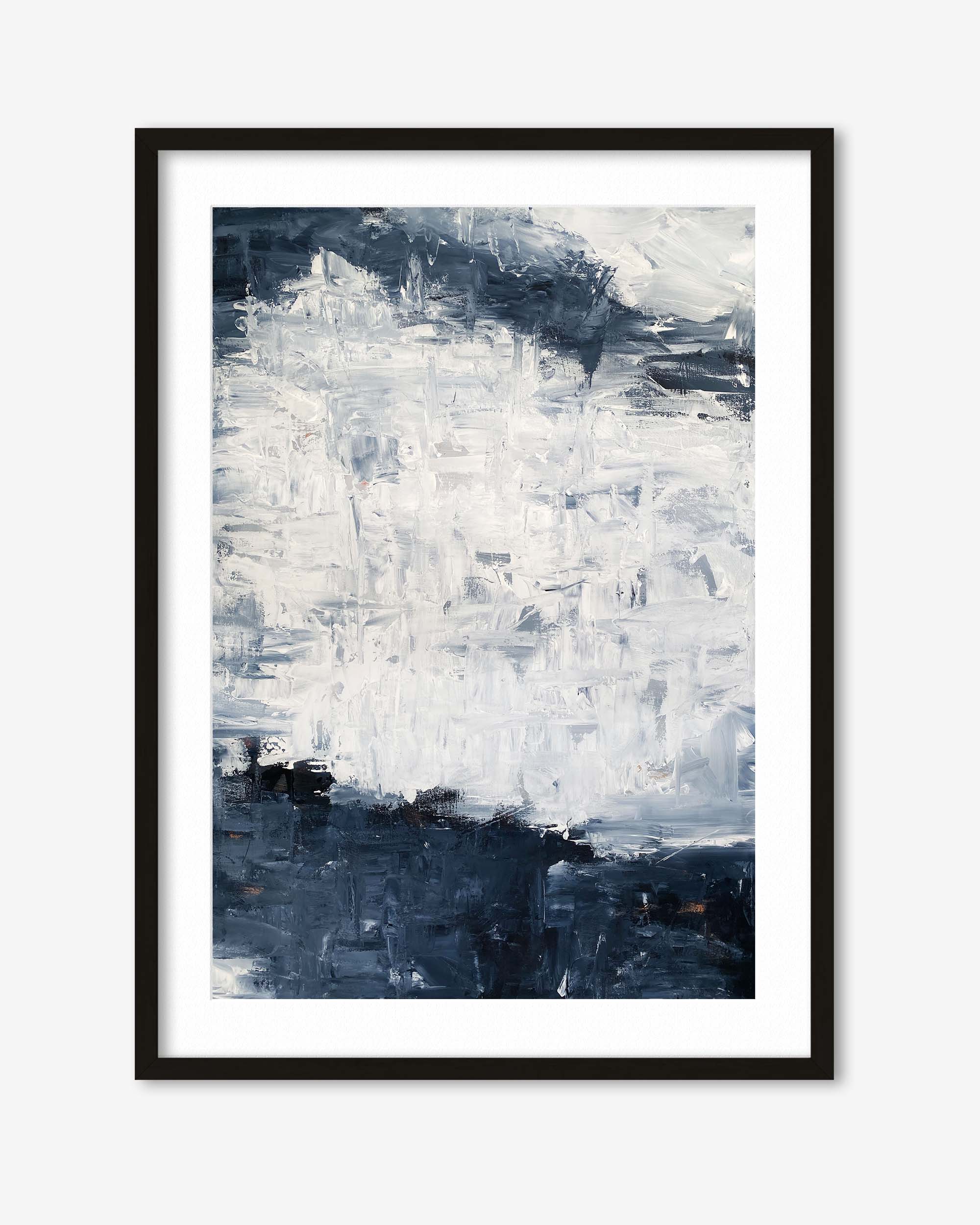 Framed abstract art print with blue and white brushstrokes on a white background