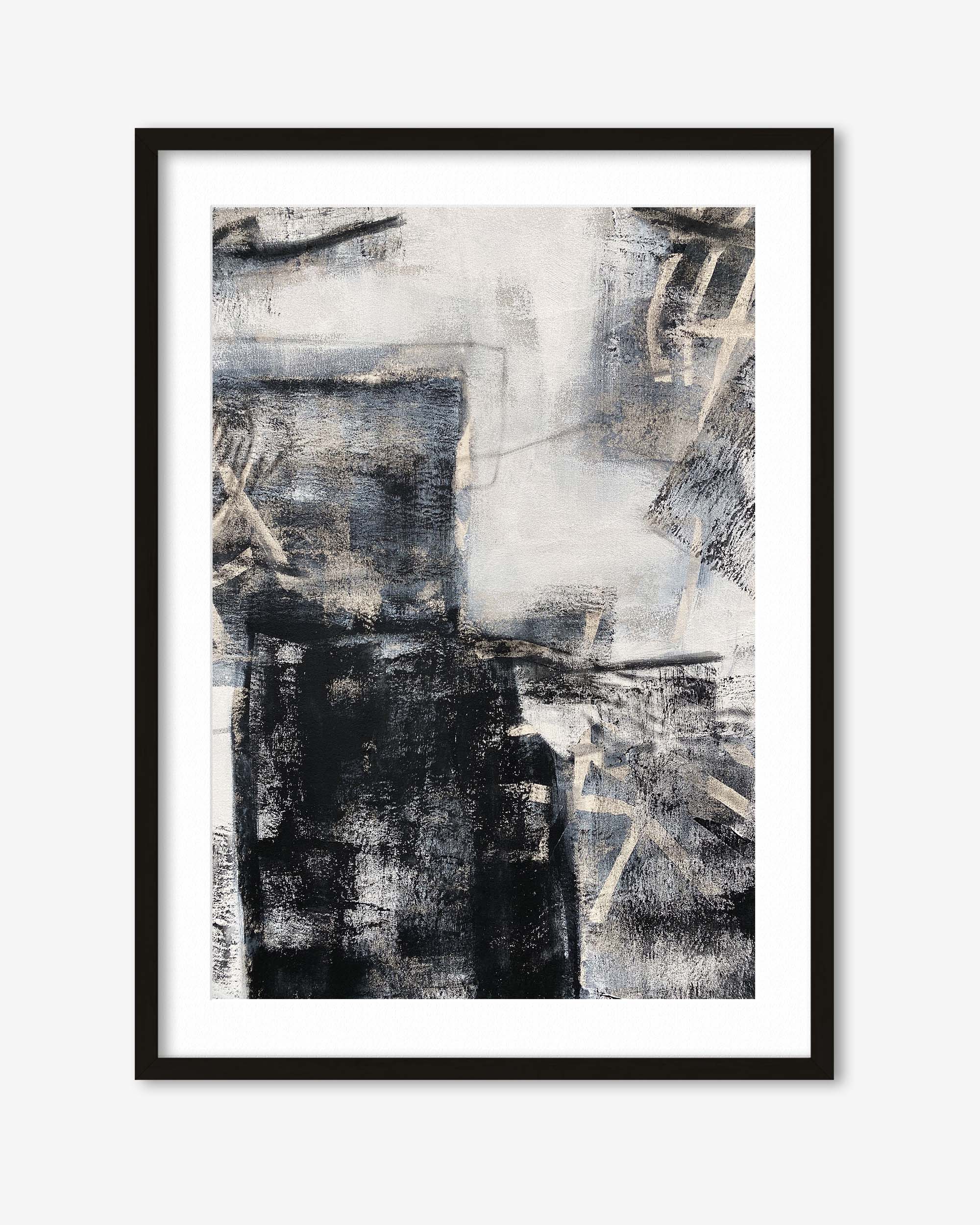 Framed abstract art print with black, white, and gray tones on a white background