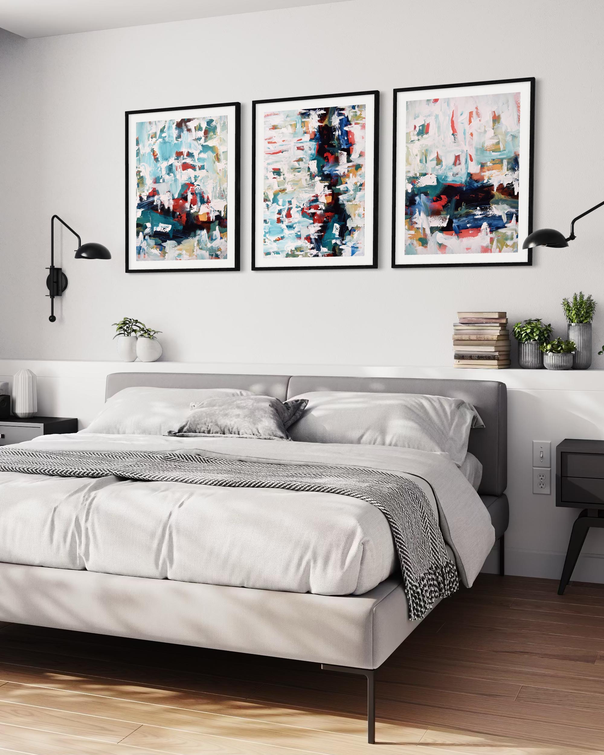 Modern bedroom with a bed, abstract art on the wall, and decorative elements.