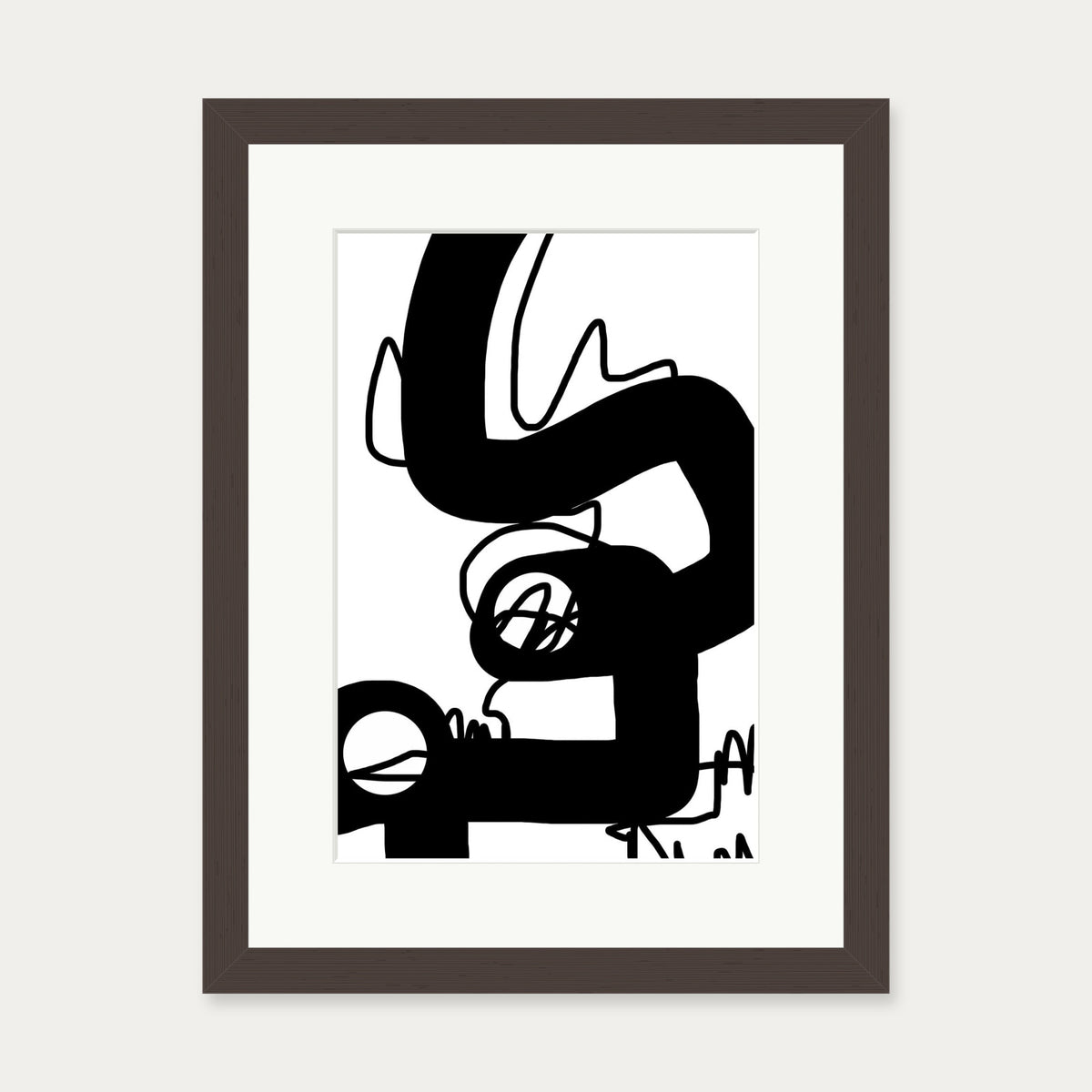 Black Graffiti Abstract Art Print — 30 x 40 cm — Brown Frame