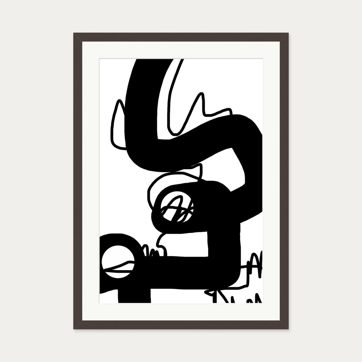 Black Graffiti Abstract Art Print — 50 x 70 cm — Brown Frame