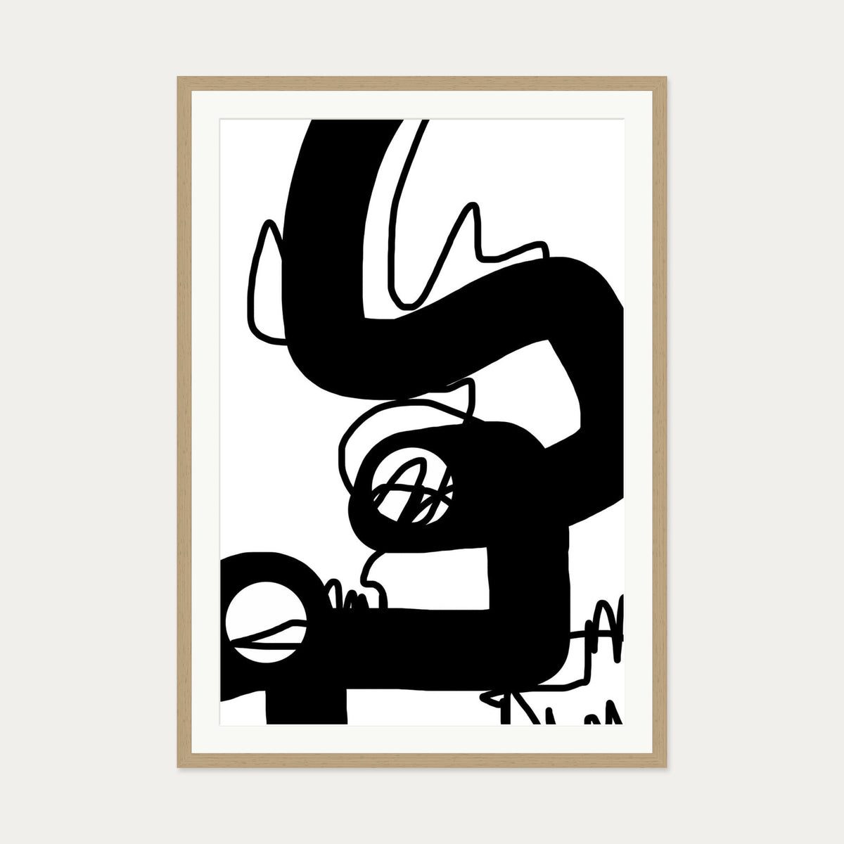 Black Graffiti Abstract Art Print — 70 x 100 cm — Oak Frame