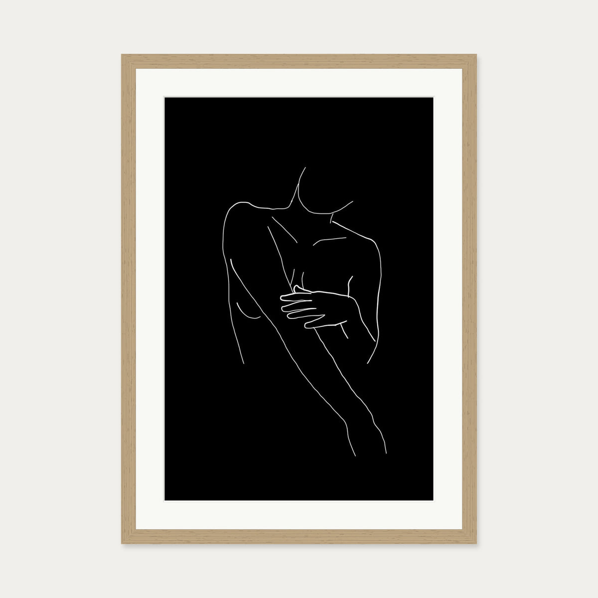 Black On White Female Line Drawing Art Print — 50 x 70 cm — Oak Frame