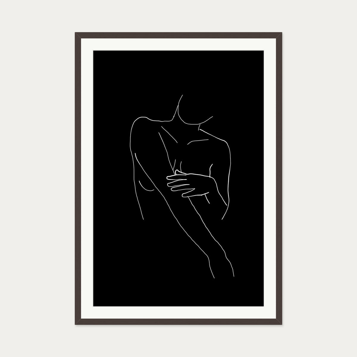 Black On White Female Line Drawing Art Print — 70 x 100 cm — Brown Frame