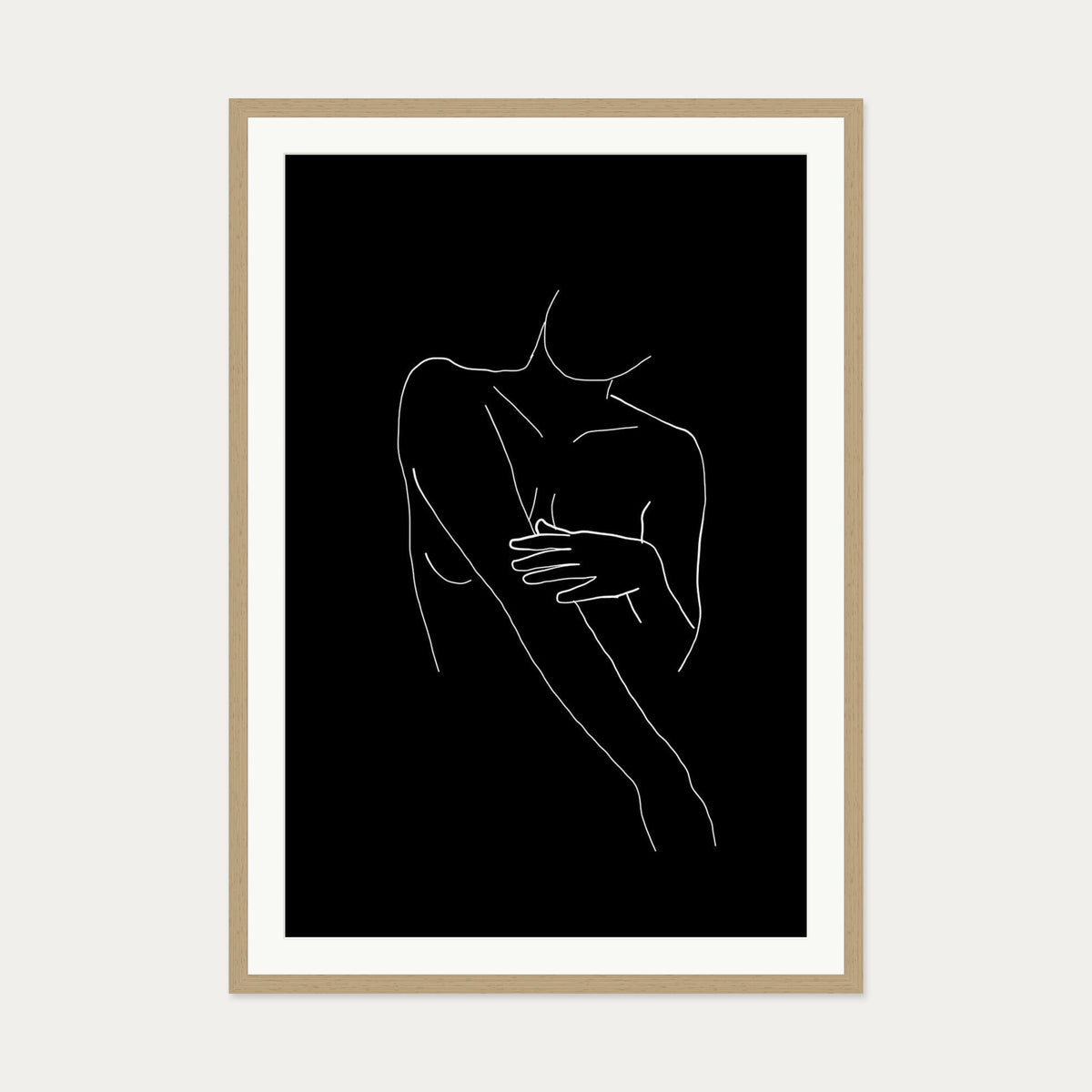 Black On White Female Line Drawing Art Print — 70 x 100 cm — Oak Frame