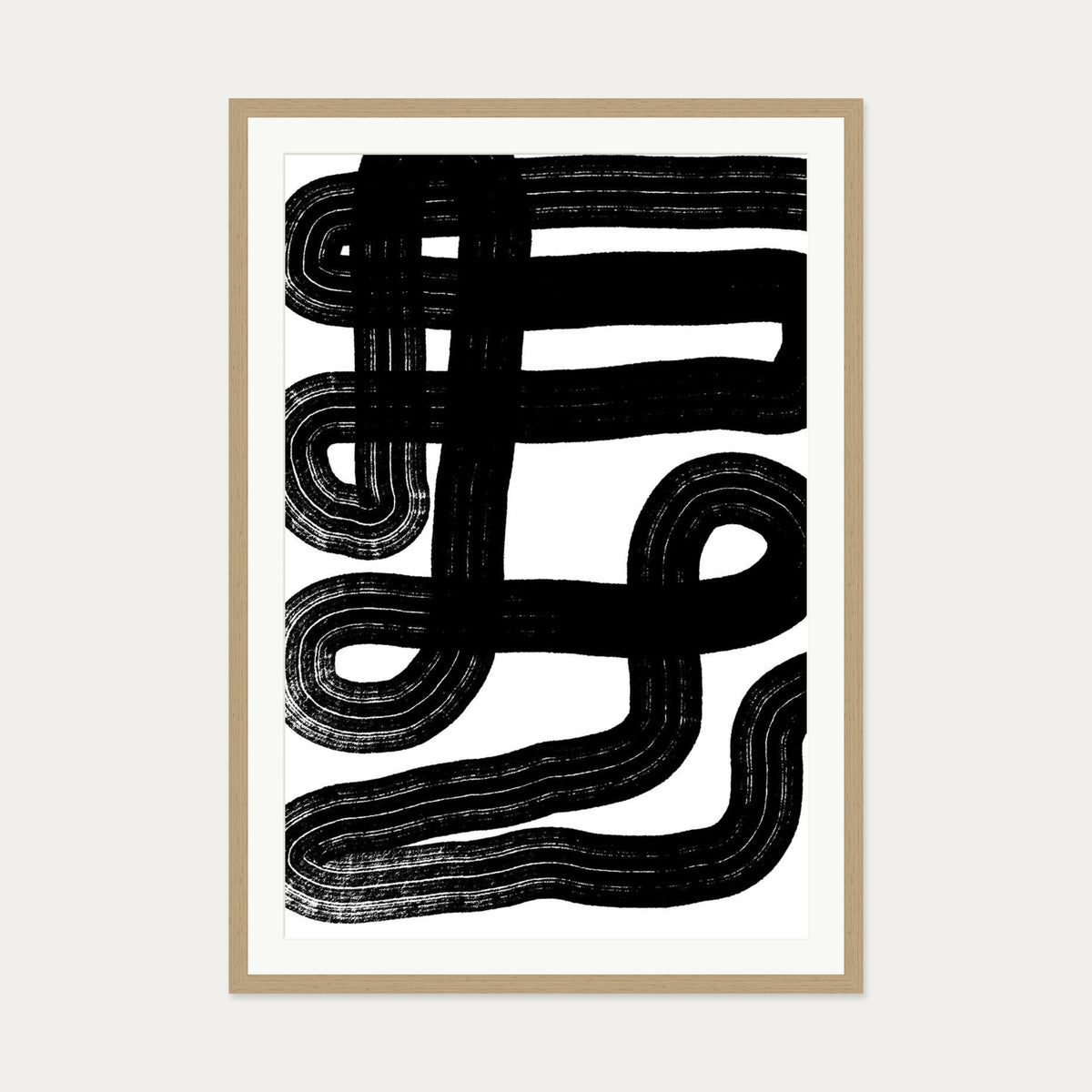 Black Snake Lines Art Print — 70 x 100 cm — Oak Frame