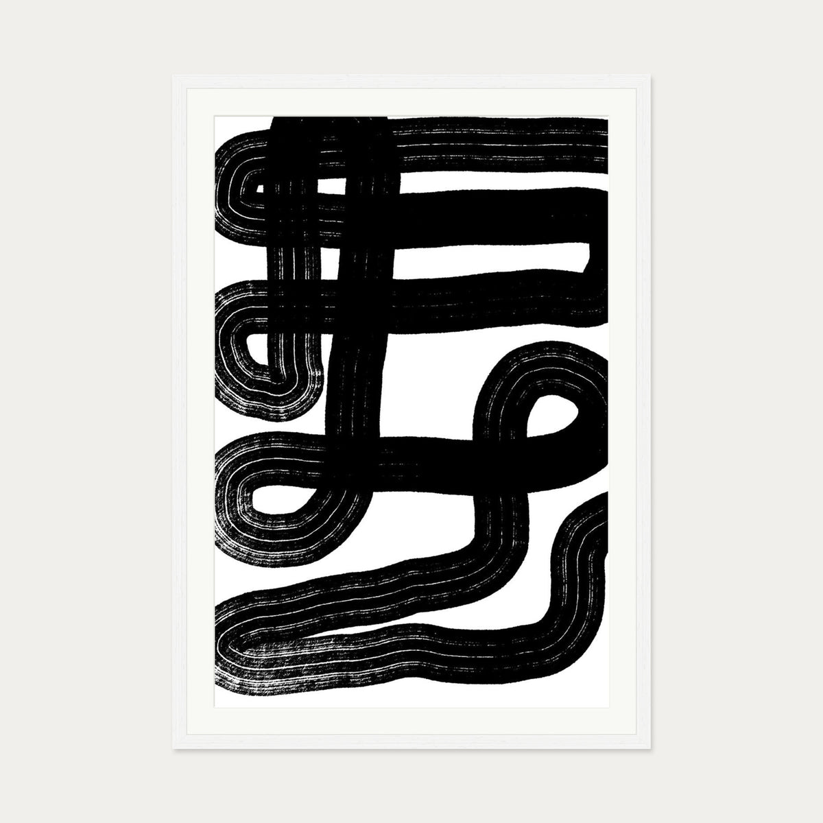 Black Snake Lines Art Print — 70 x 100 cm — White Frame