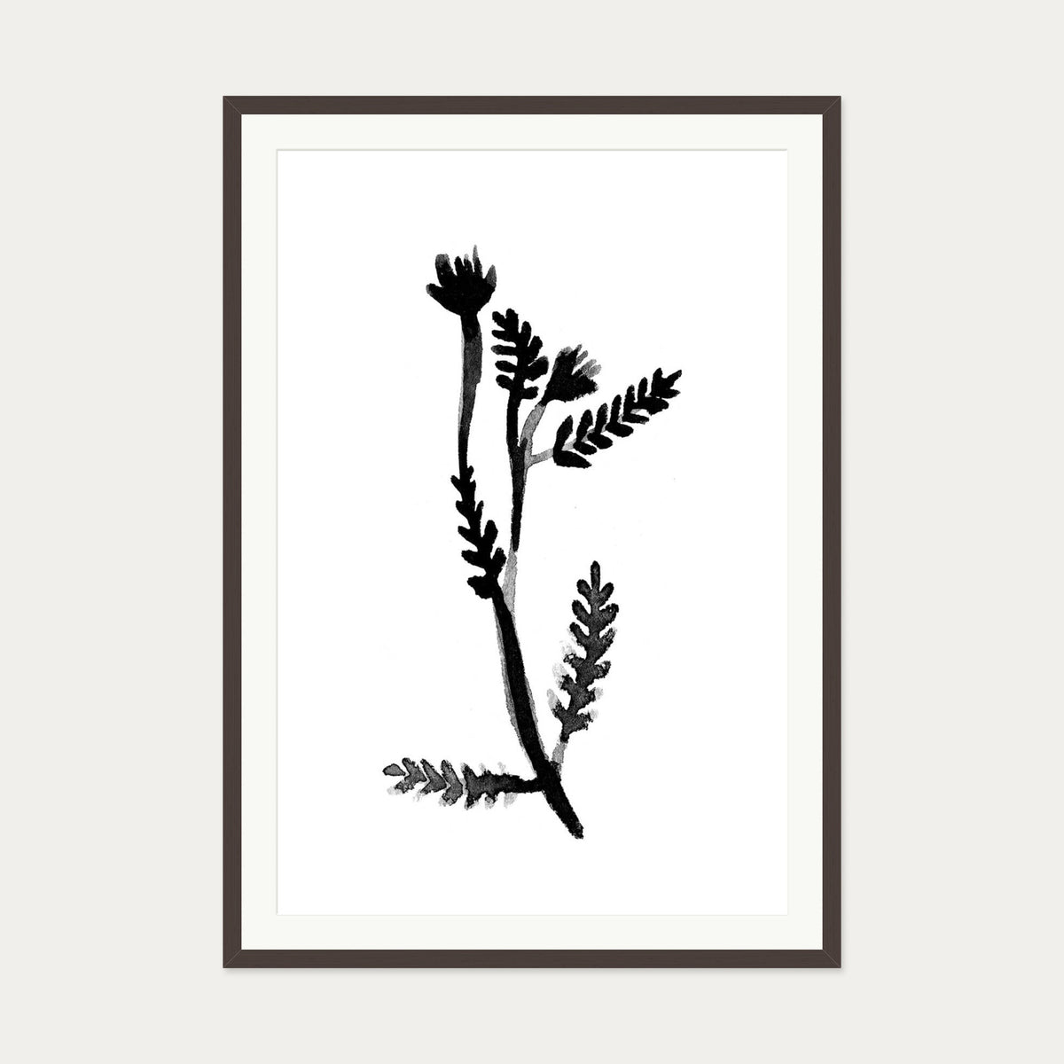 Black & White Botanical Watercolour Art Print — 70 x 100 cm — Brown Frame