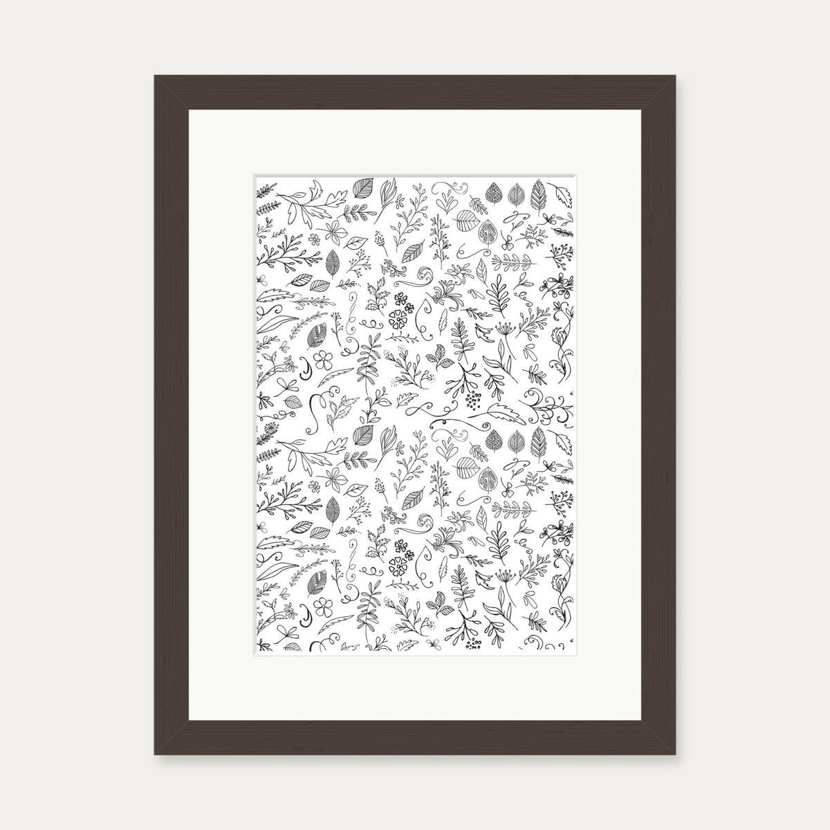 Black & White Flowers Pattern Art Print — 30 x 40 cm — Brown Frame