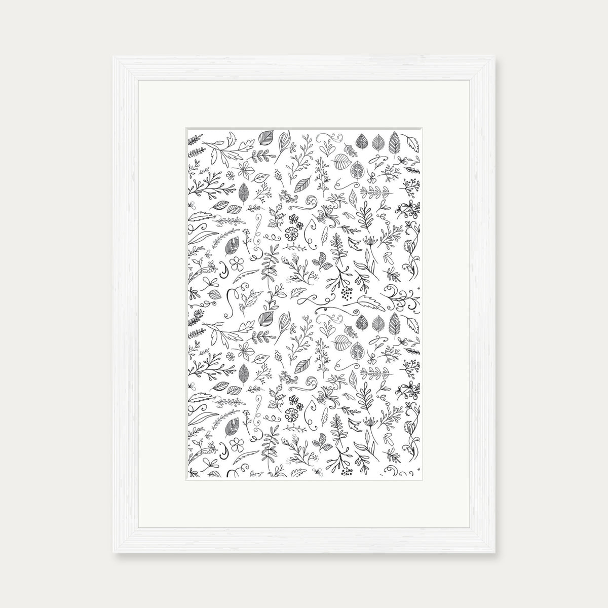 Black & White Flowers Pattern Art Print — 30 x 40 cm — White Frame