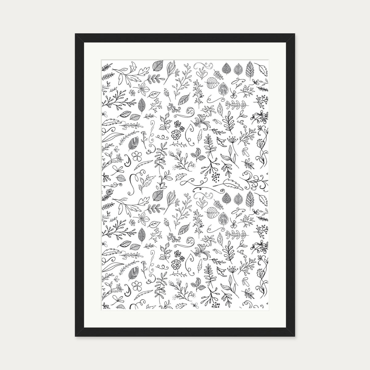 Black & White Flowers Pattern Art Print — 50 x 70 cm — Black Frame