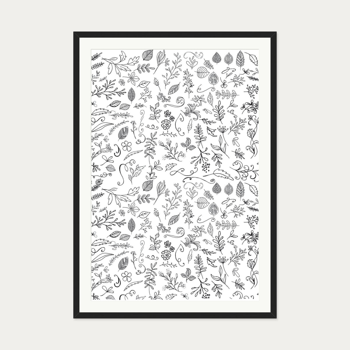 Black & White Flowers Pattern Art Print — 70 x 100 cm — Black Frame