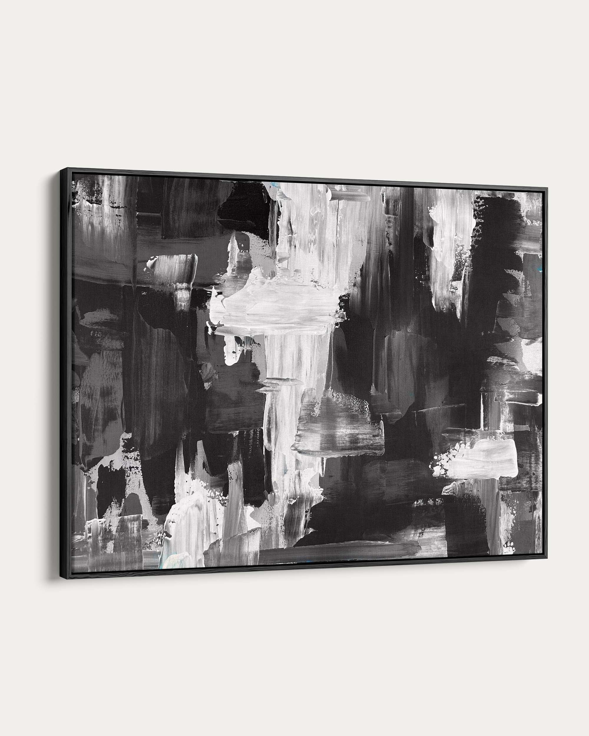 Abstract black and white painting in a black frame on a white background