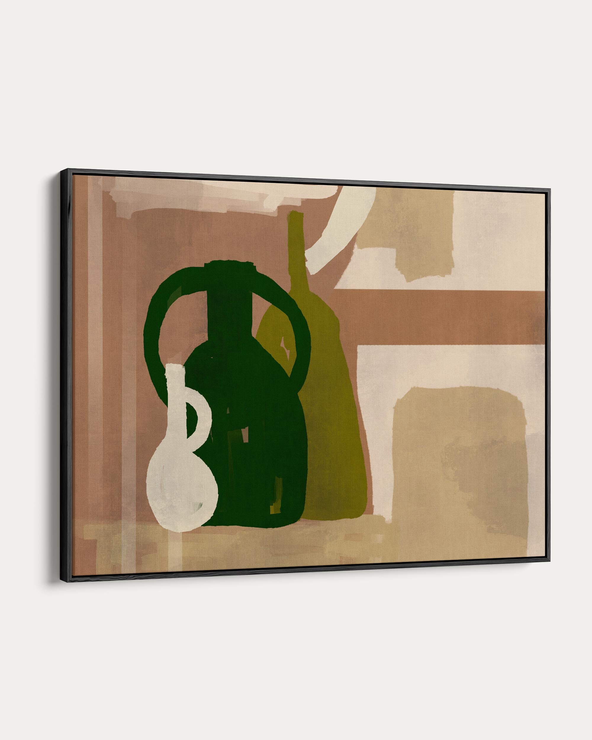 Framed abstract art with green, white, and brown bottles on a beige background
