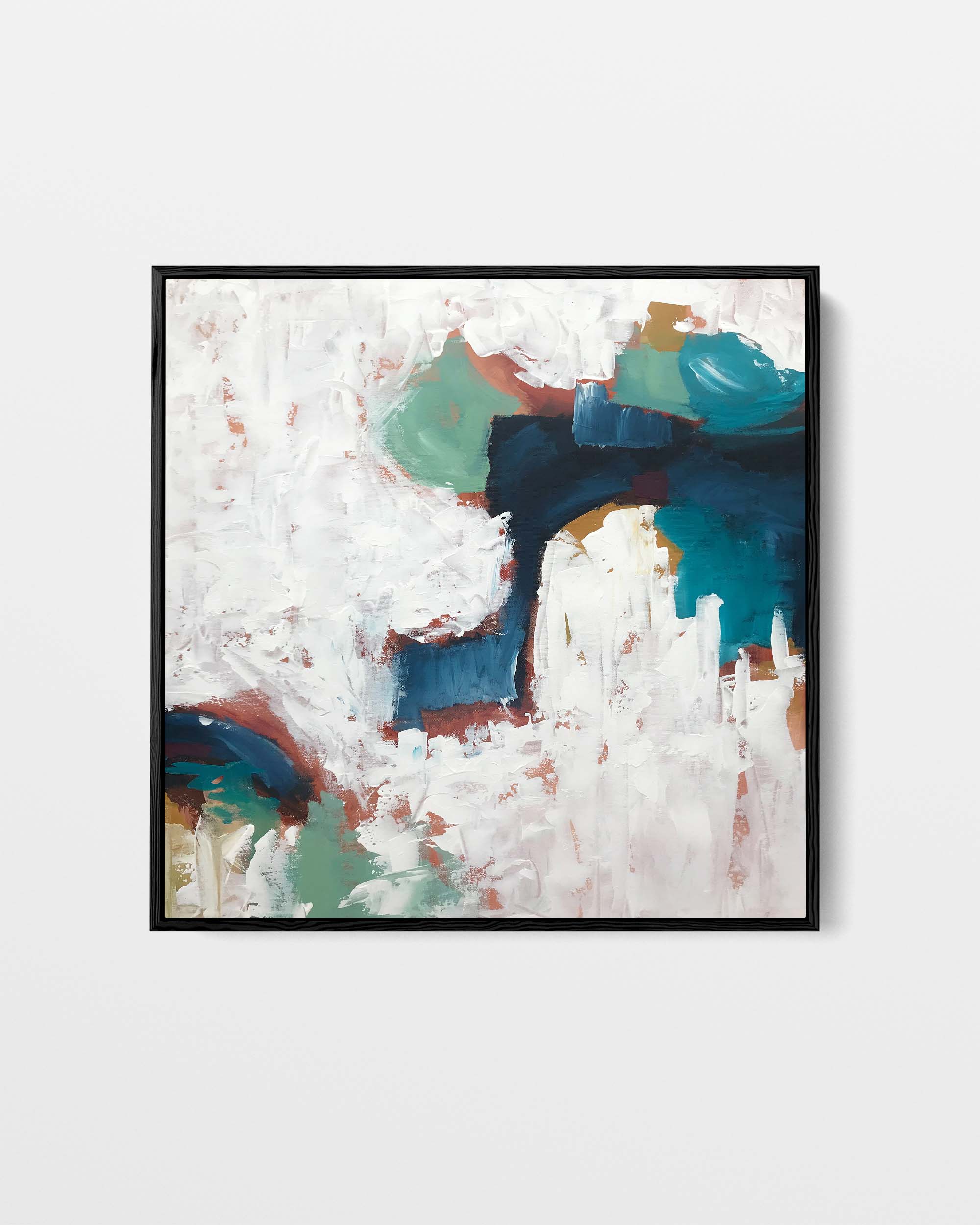 Abstract art print with blue, green, and white colors on a light gray background
