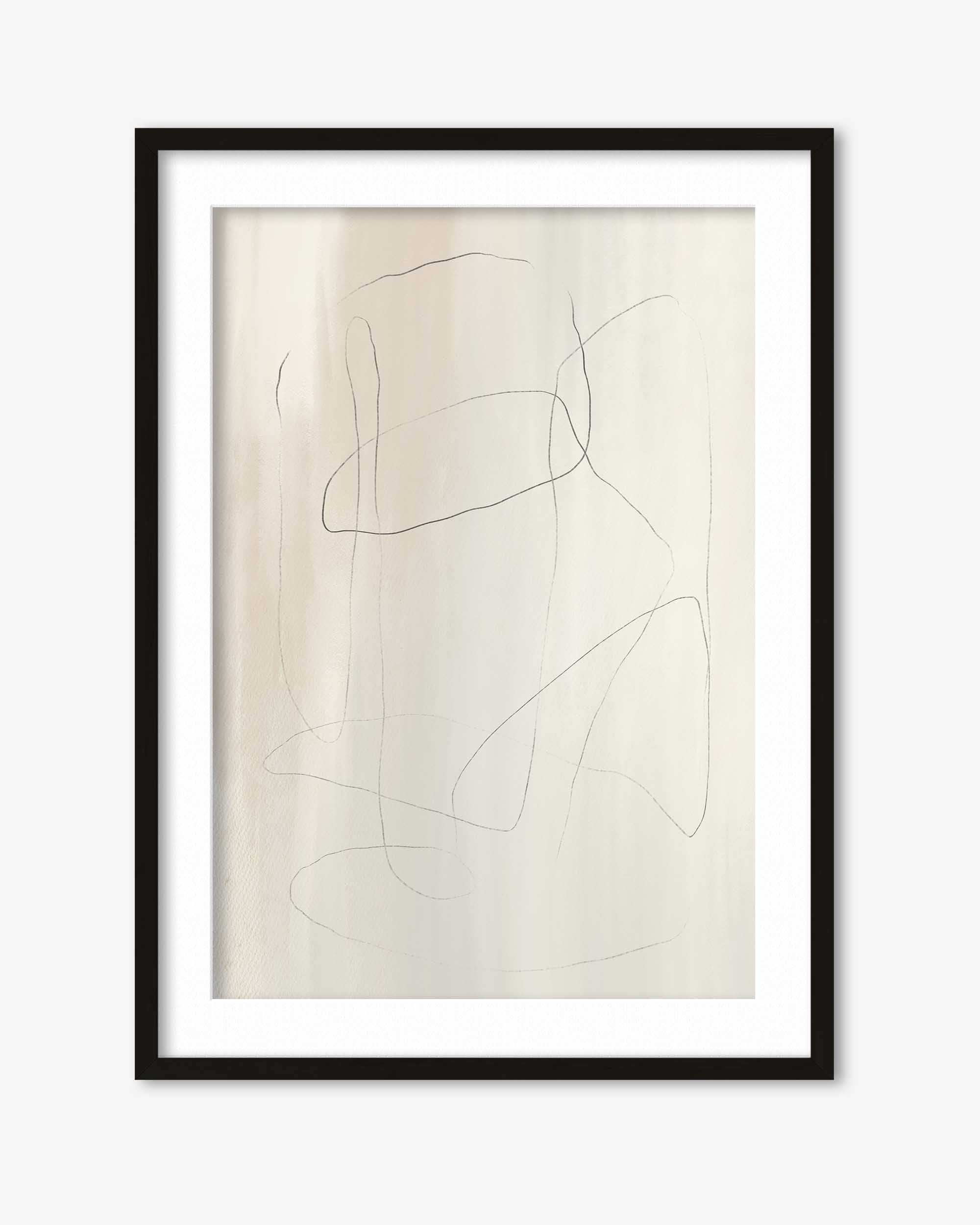 Framed abstract art with black lines on a beige background