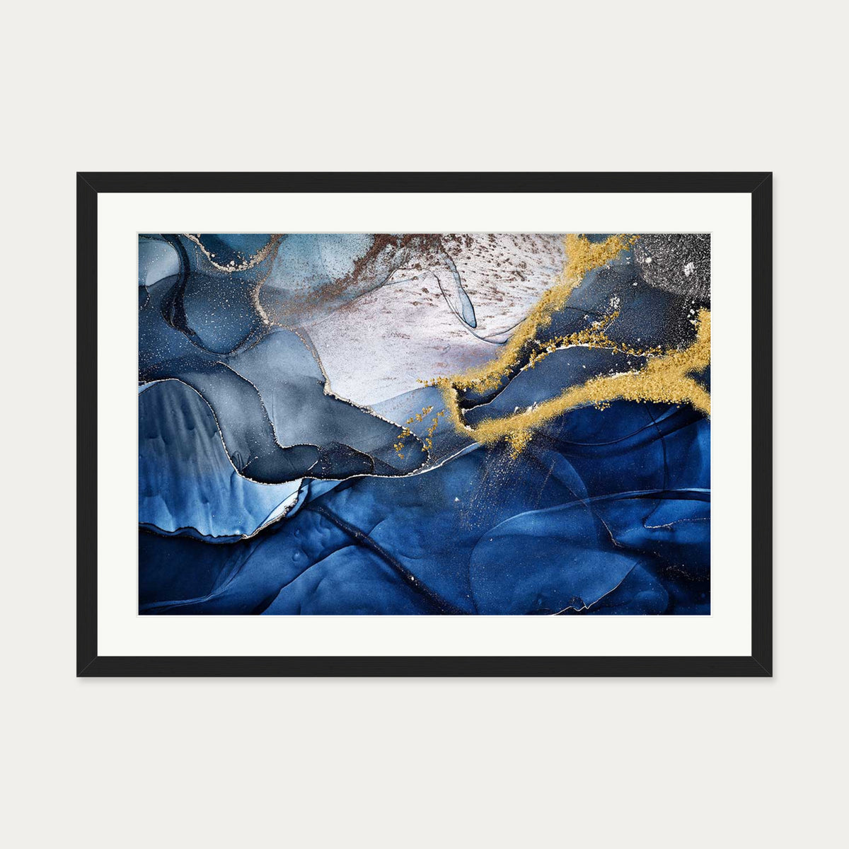 Blue Abstract Liquid Gold Art Print — 50 x 70 cm — Black Frame