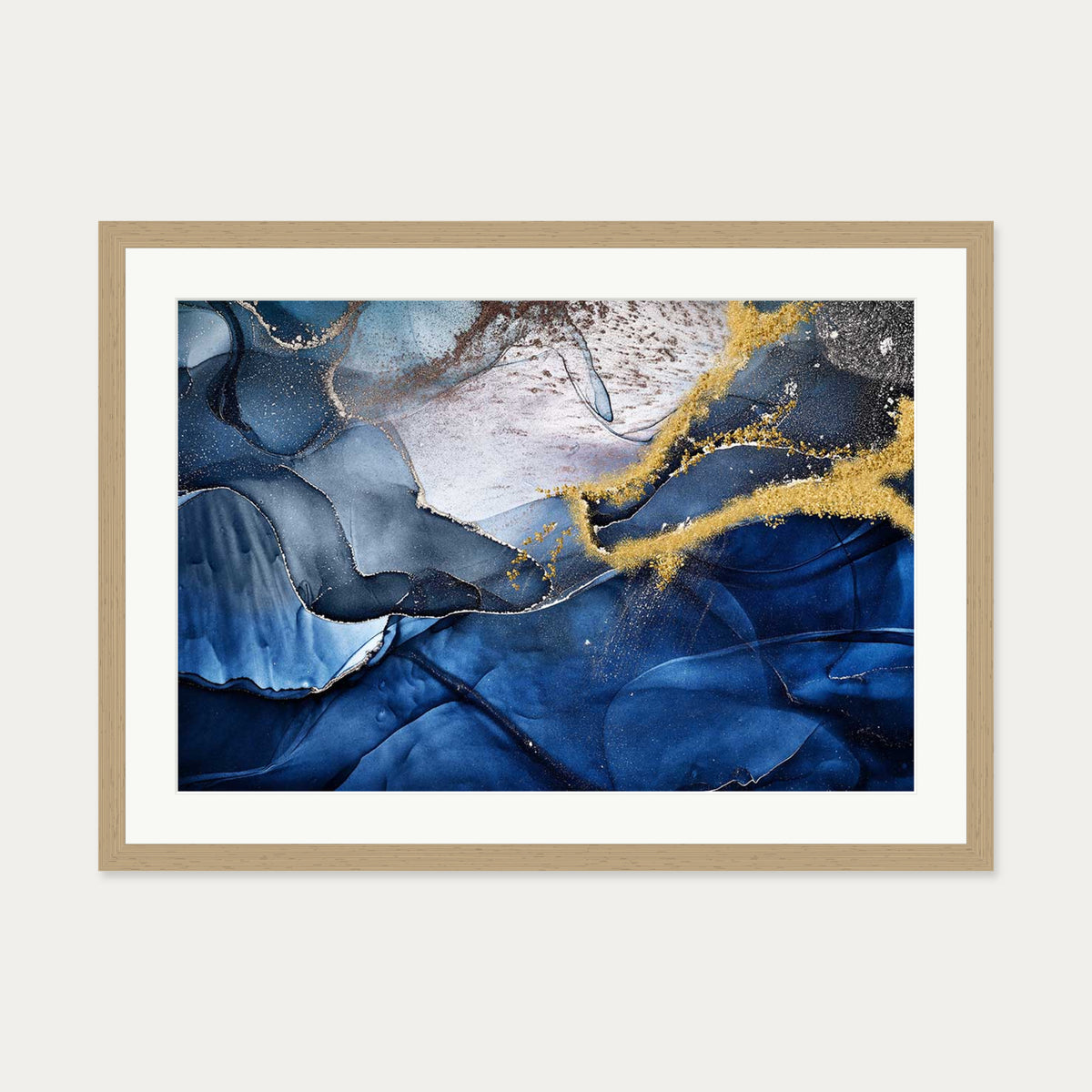 Blue Abstract Liquid Gold Art Print — 50 x 70 cm — Oak Frame