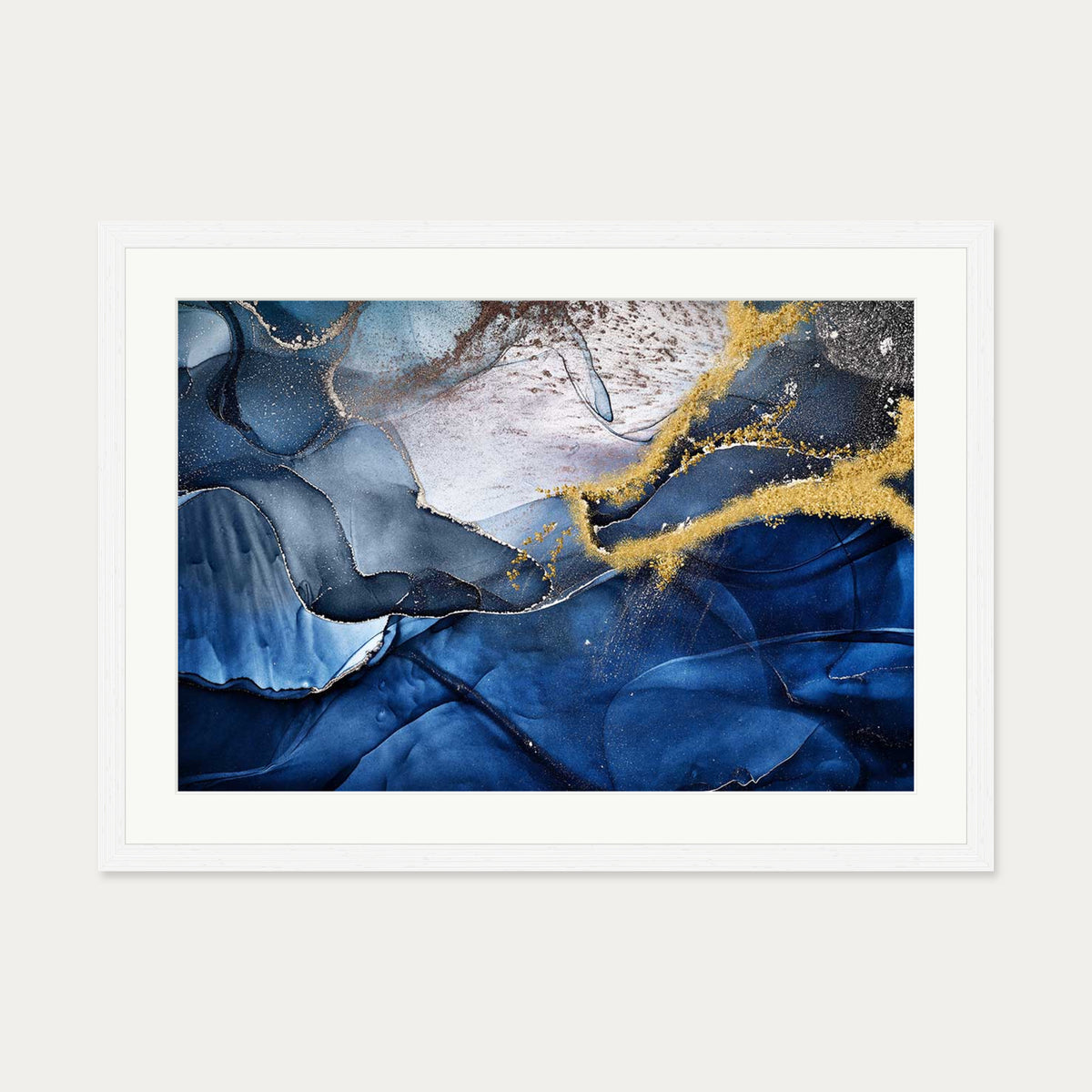 Blue Abstract Liquid Gold Art Print — 50 x 70 cm — White Frame
