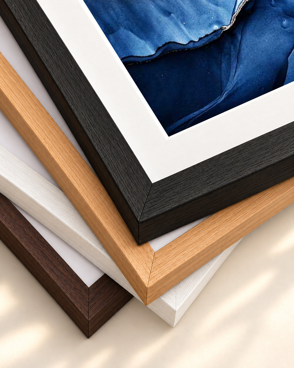 Blue Abstract Liquid Gold Art Print — framed print corner with 5 cm mount and bevel