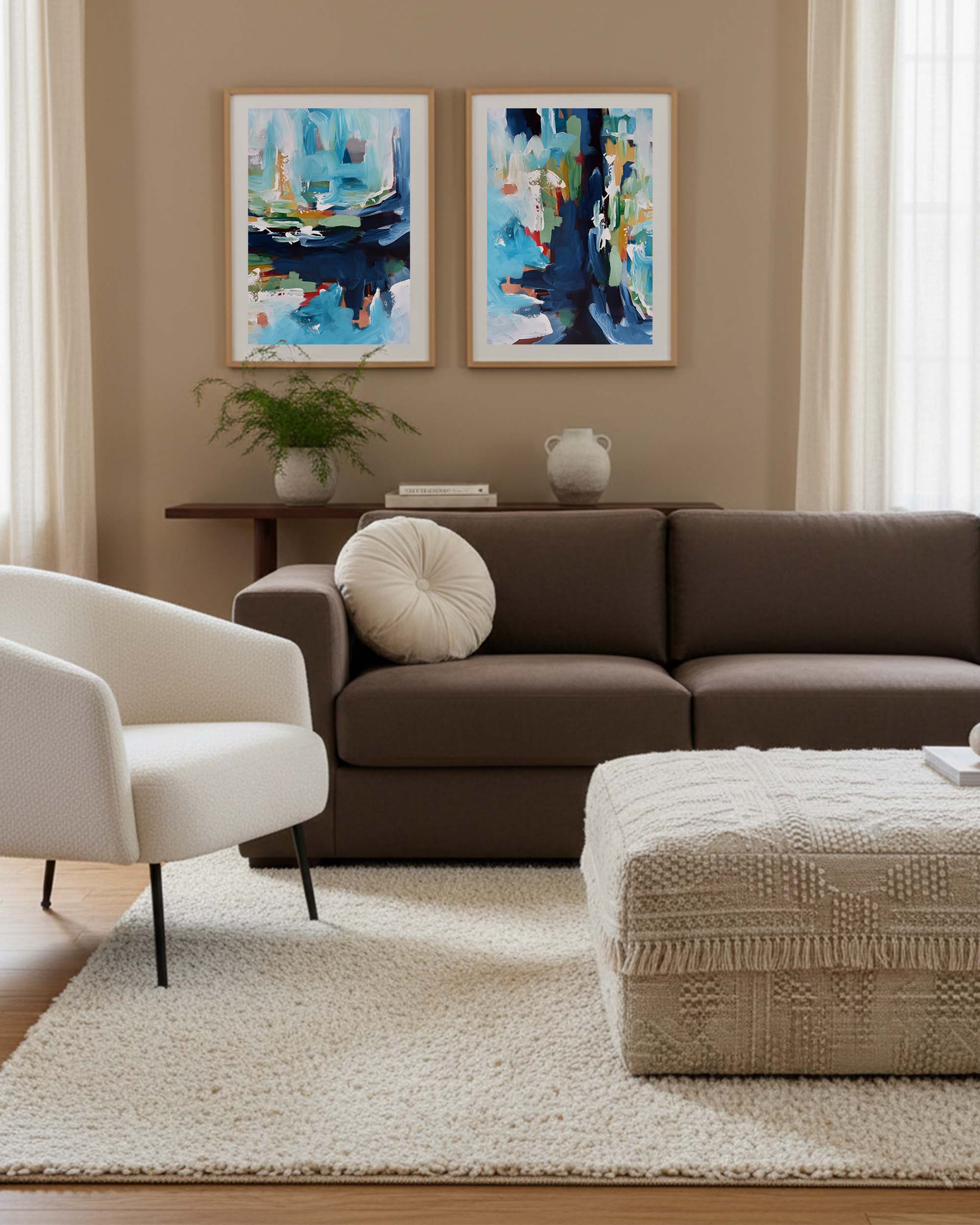 modern abstract wall art pictures on wall, brown sofa with contemporary living room setting