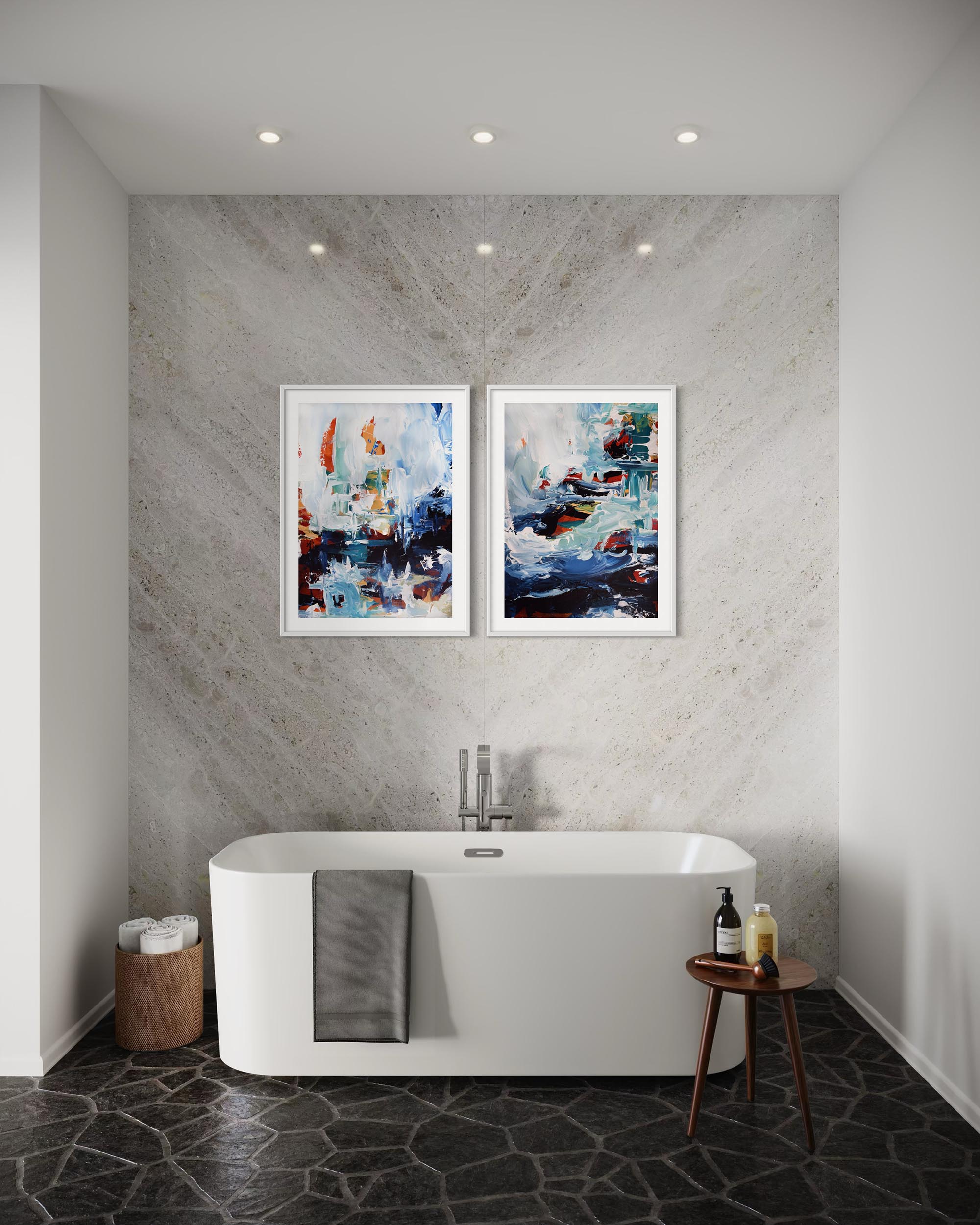 Bathroom with a freestanding bathtub, abstract art on the wall, and a small table with items.
