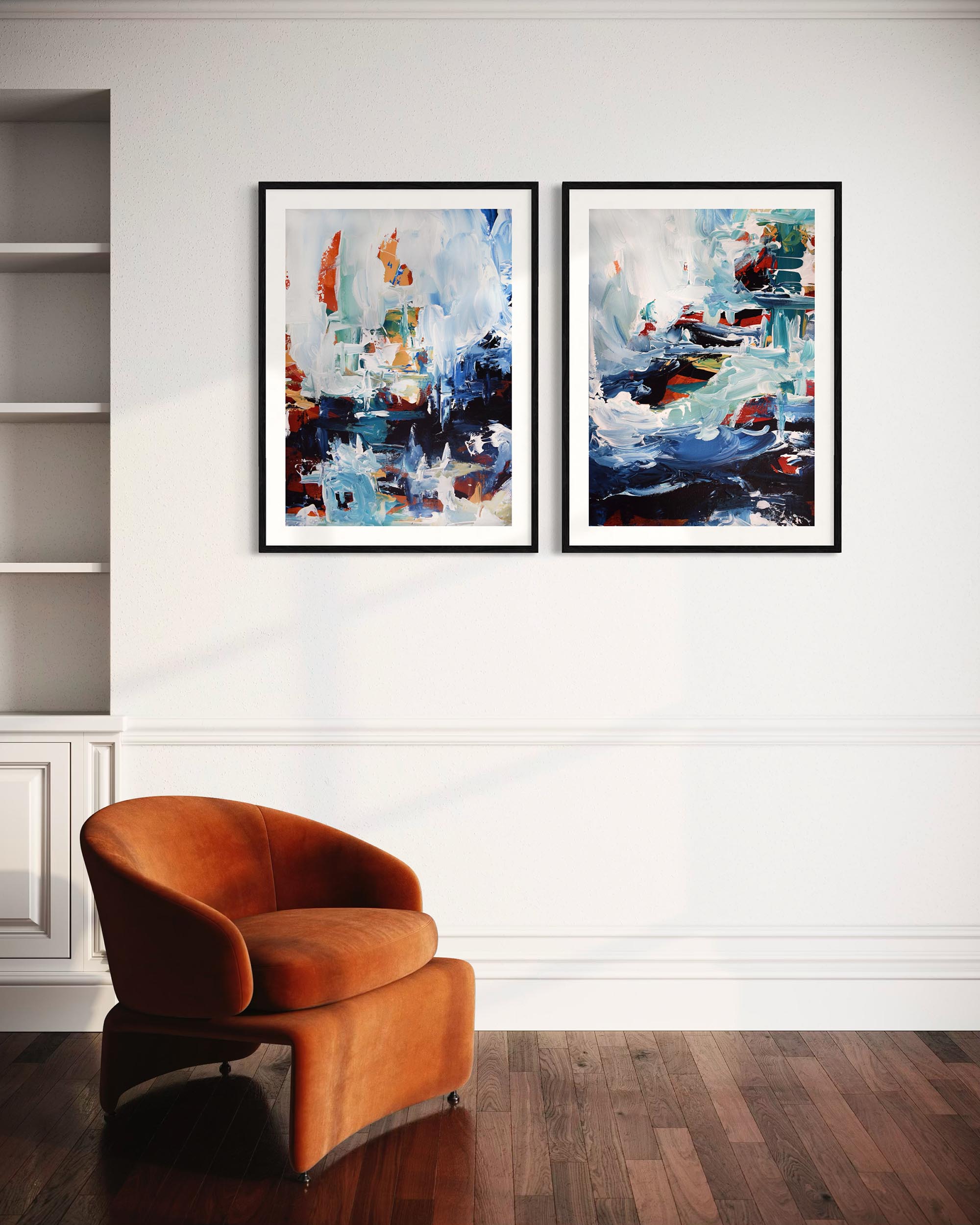 Two abstract paintings on a wall above an orange chair in a room.