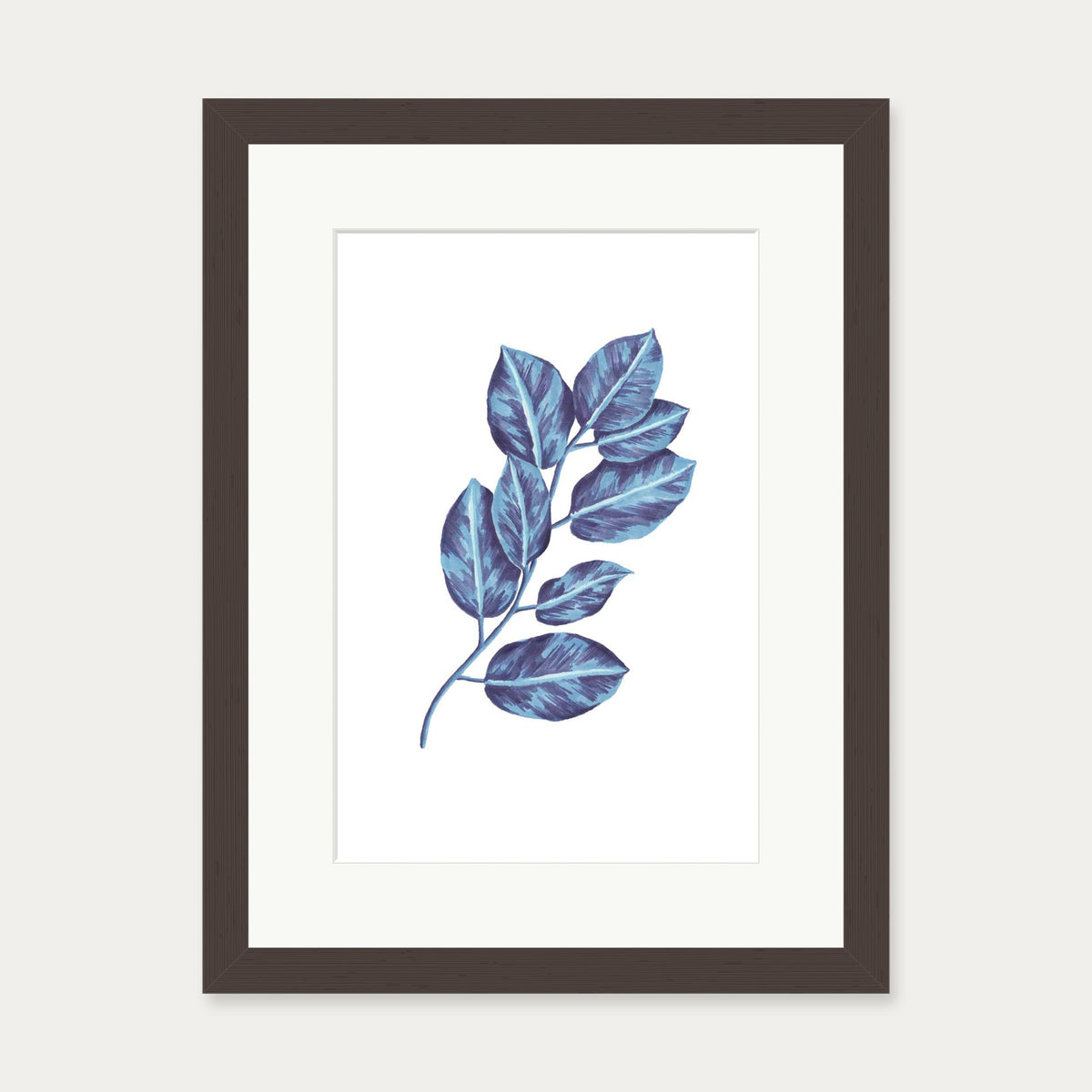 Blue Botanical Leaves Art Print — 30 x 40 cm — Brown Frame