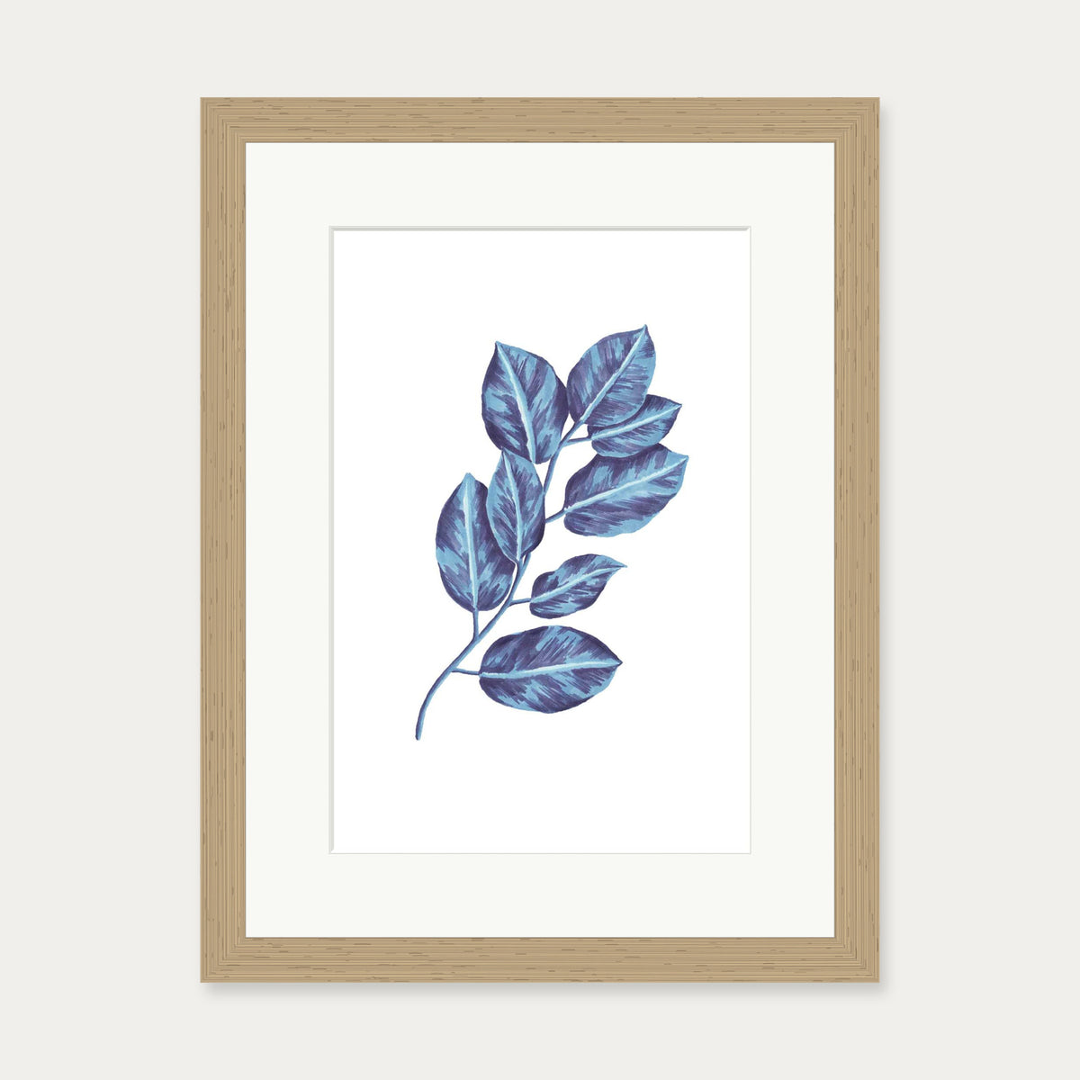 Blue Botanical Leaves Art Print — 30 x 40 cm — Oak Frame