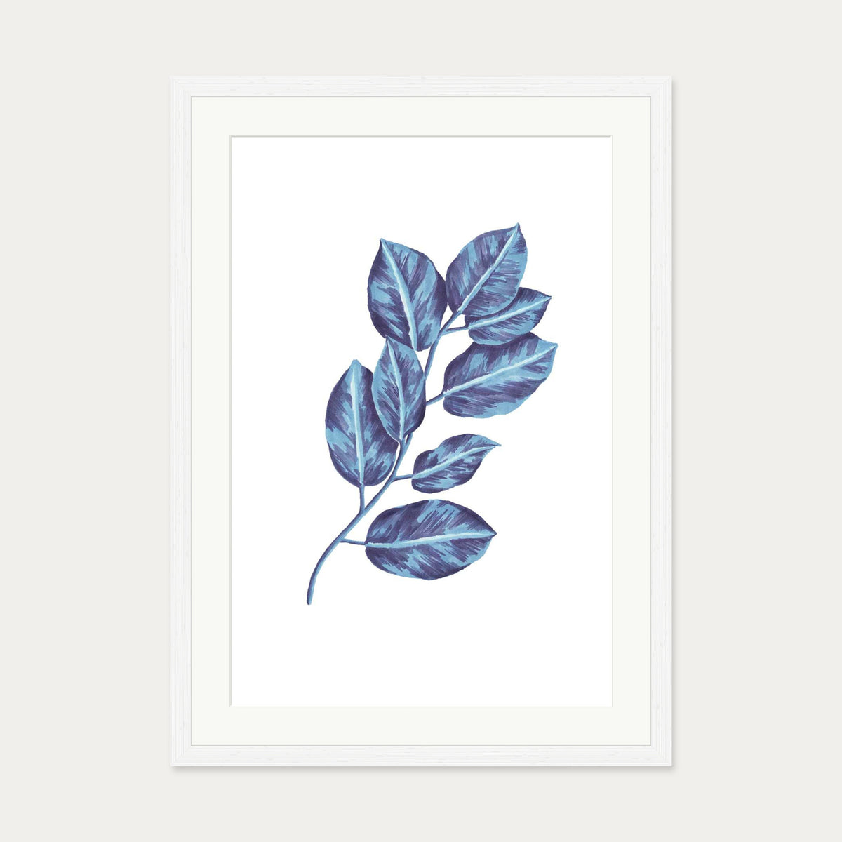 Blue Botanical Leaves Art Print — 50 x 70 cm — White Frame