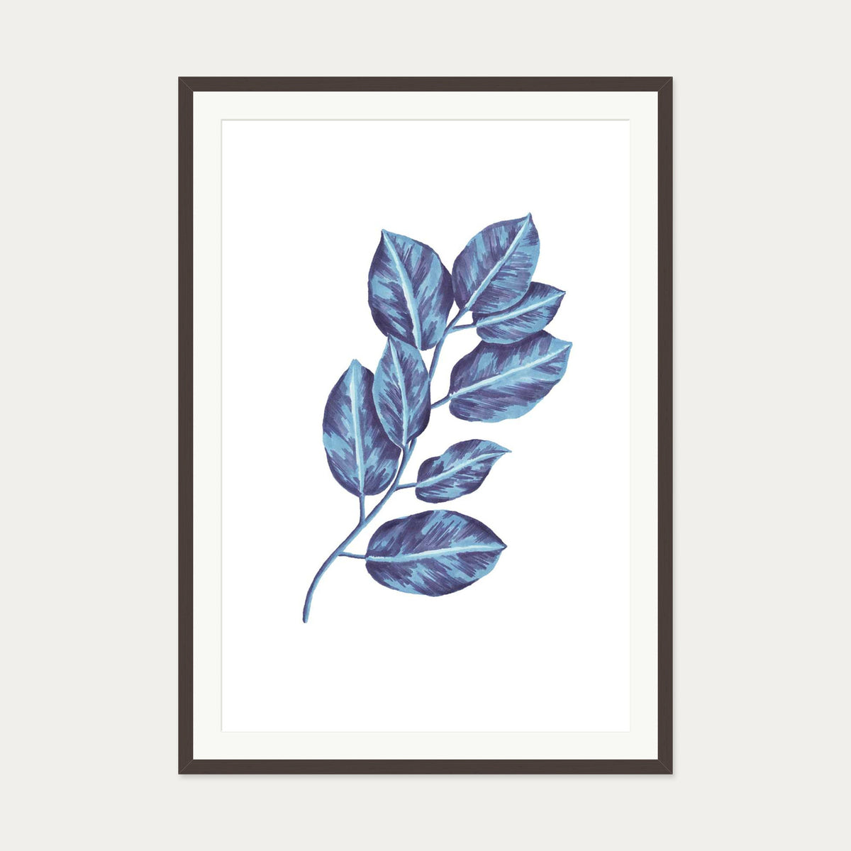 Blue Botanical Leaves Art Print — 70 x 100 cm — Brown Frame