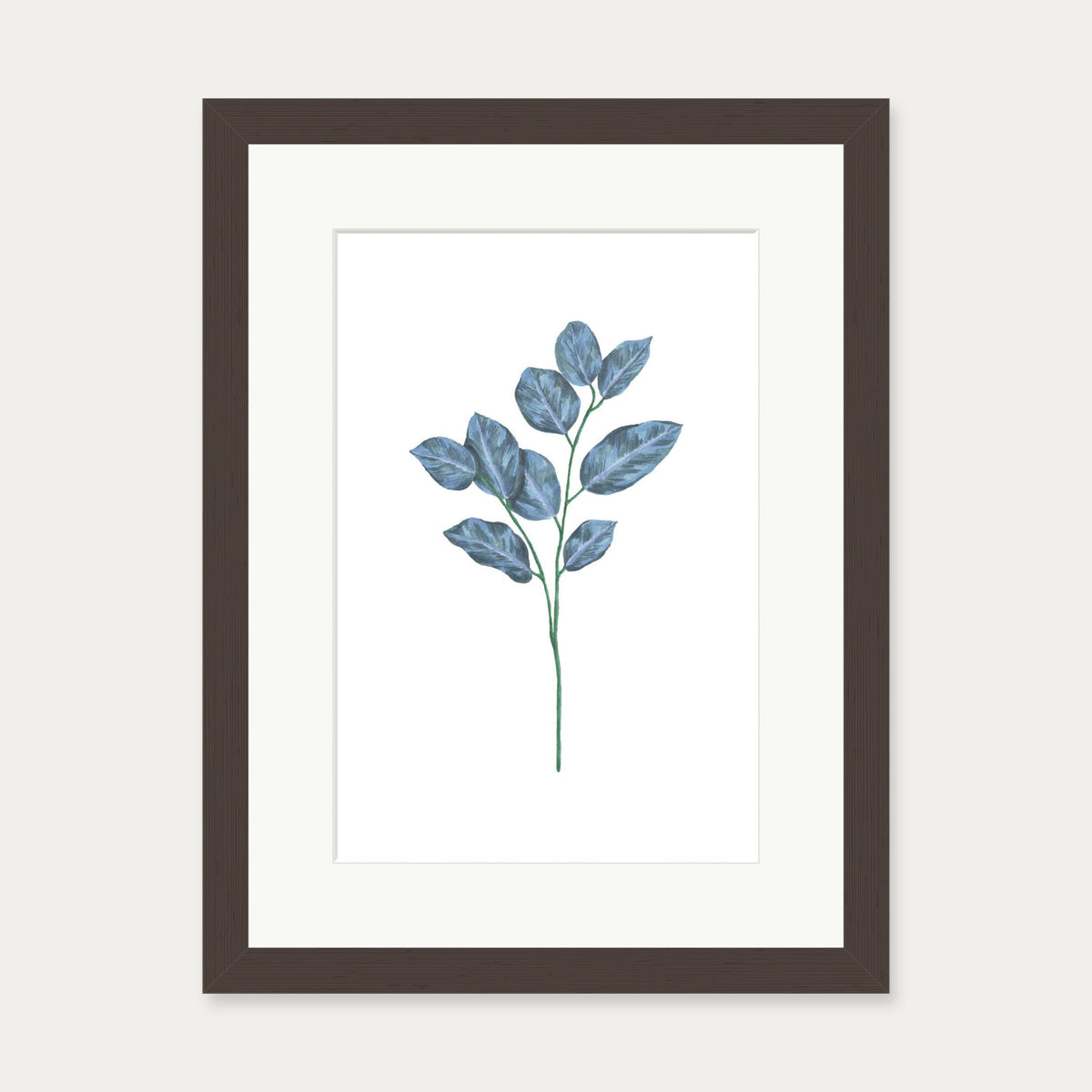 Blue Botanical Stem Art Print — 30 x 40 cm — Brown Frame