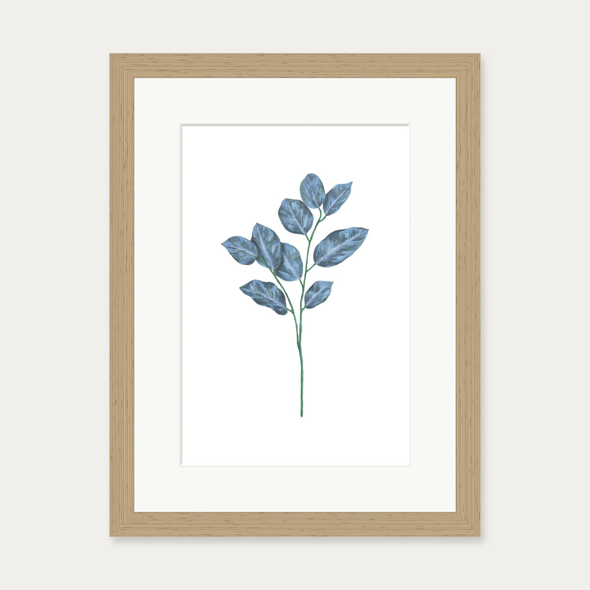 Blue Botanical Stem Art Print — 30 x 40 cm — Oak Frame