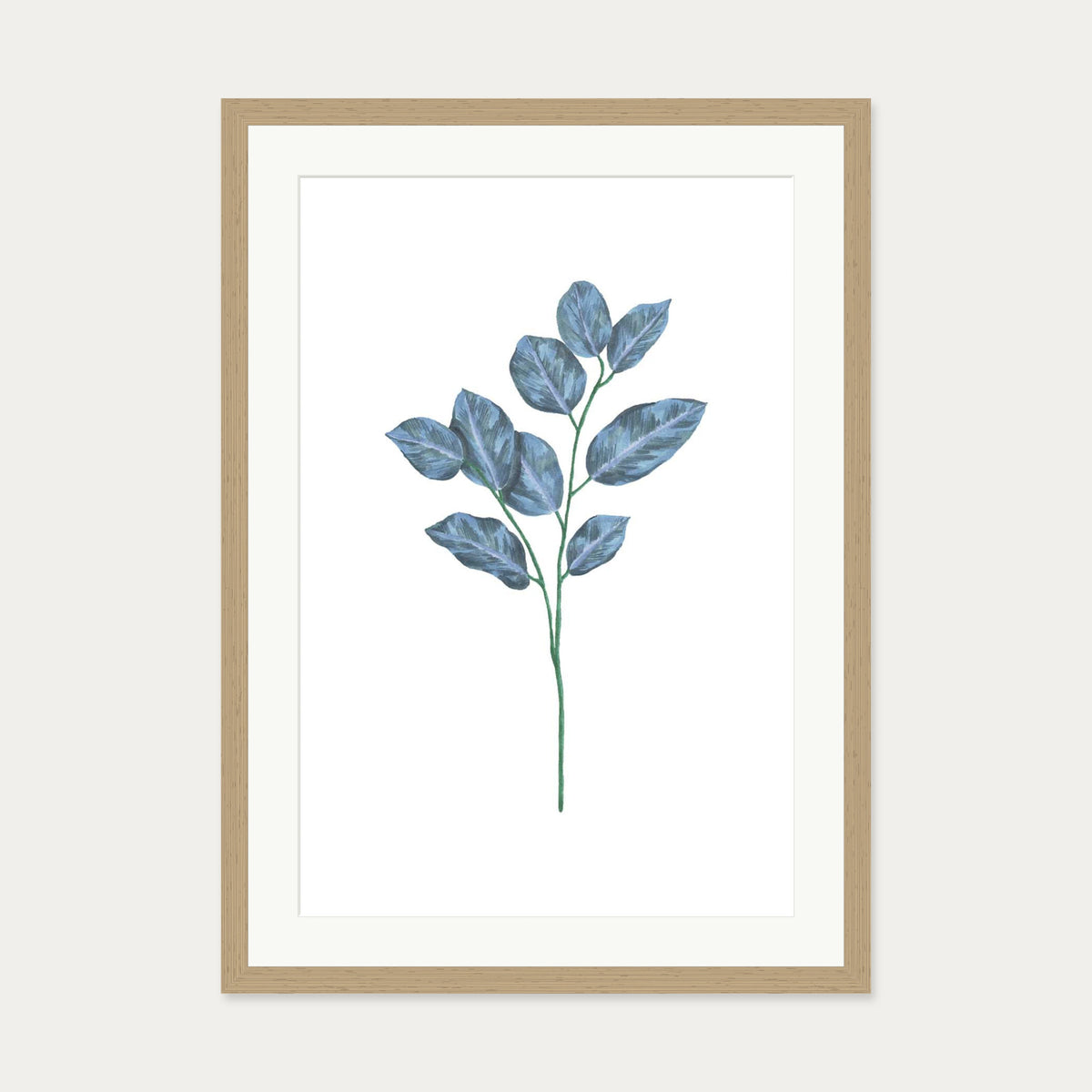 Blue Botanical Stem Art Print — 50 x 70 cm — Oak Frame