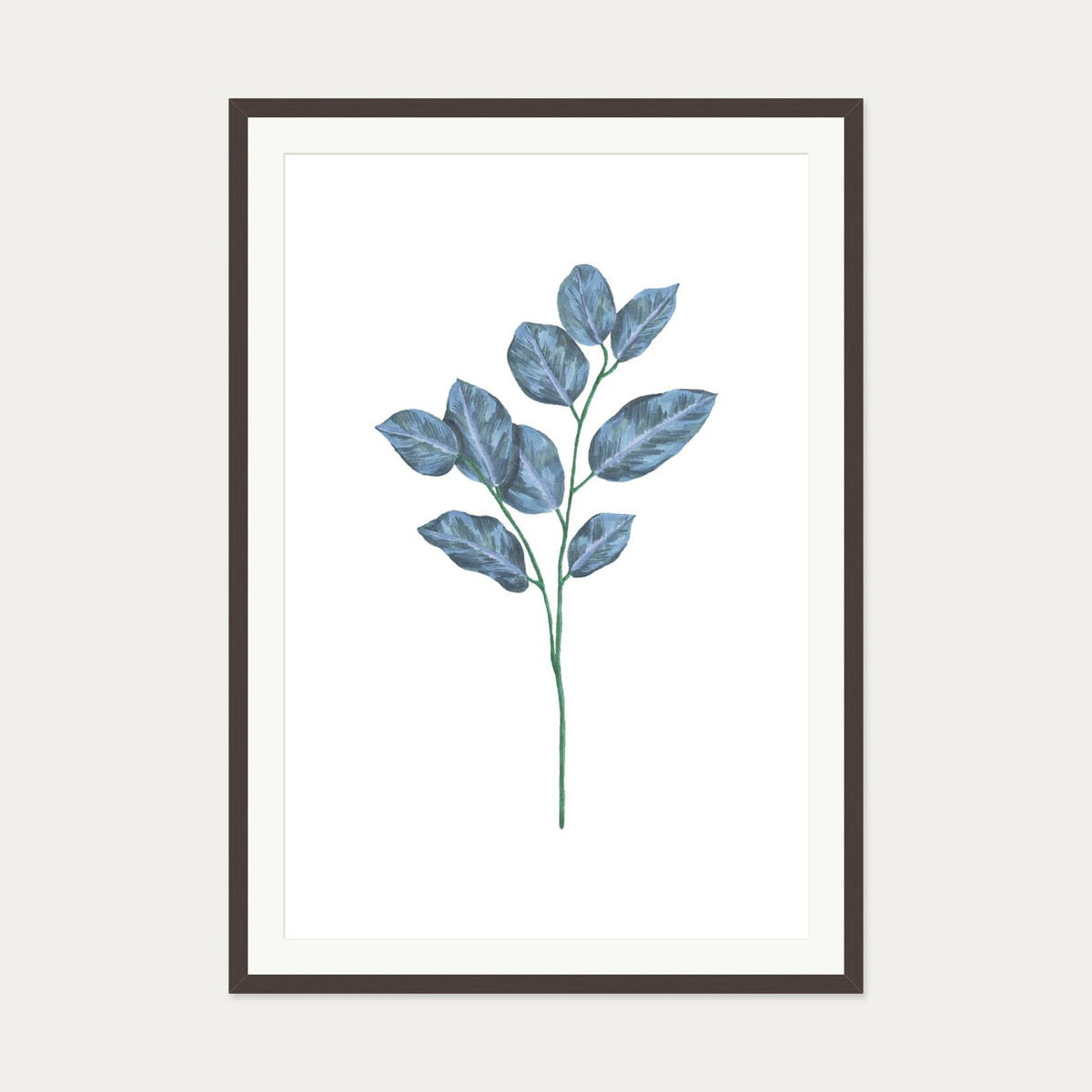 Blue Botanical Stem Art Print — 70 x 100 cm — Brown Frame